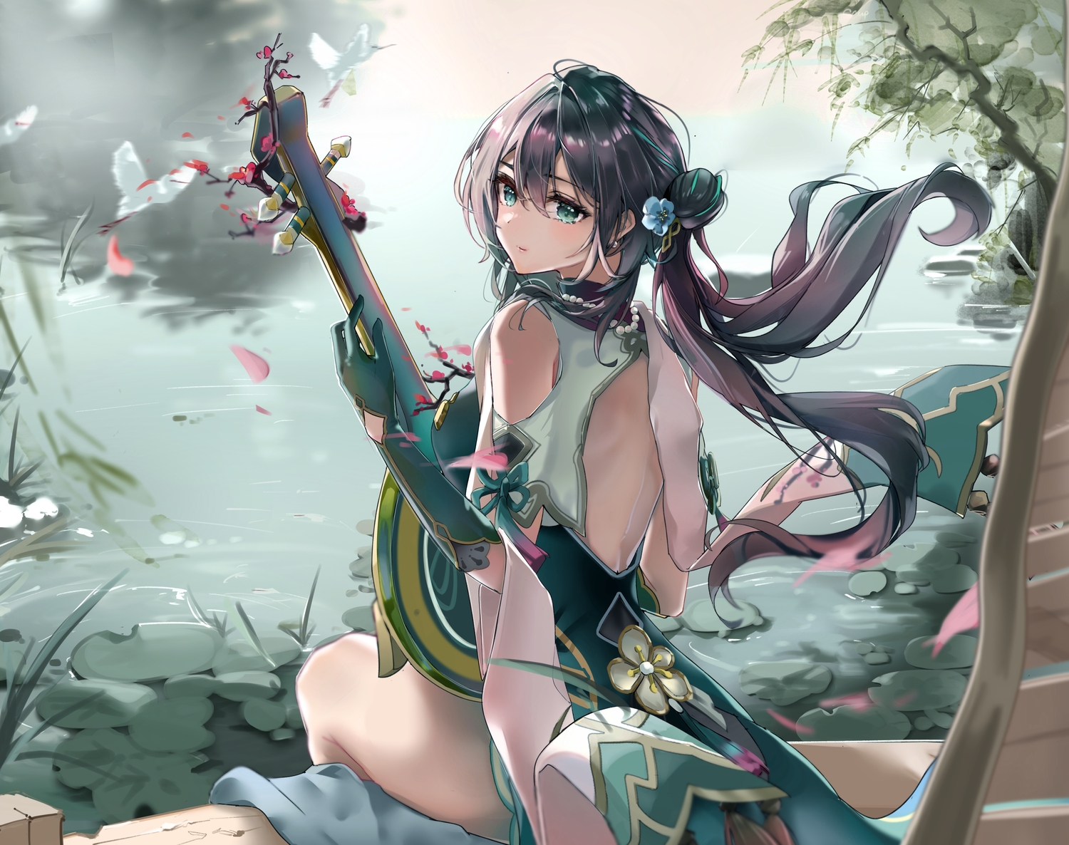animal, aqua_eyes, bird, brown_hair, cherry_blossoms, elbow_gloves, flowers, gloves