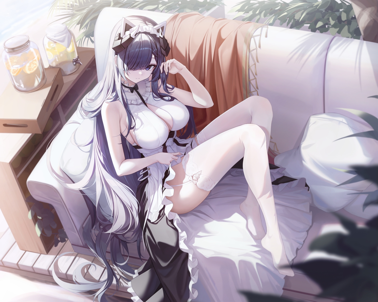 animal_ears, anthropomorphism, august_von_parseval_(azur_lane), azur_lane, black_hair, blue_eyes, bow, breasts, cleavage, couch, dress, drink, food, fruit, garter_belt, g_home, headdress, horns, long_hair, maid, sideboob, stockings