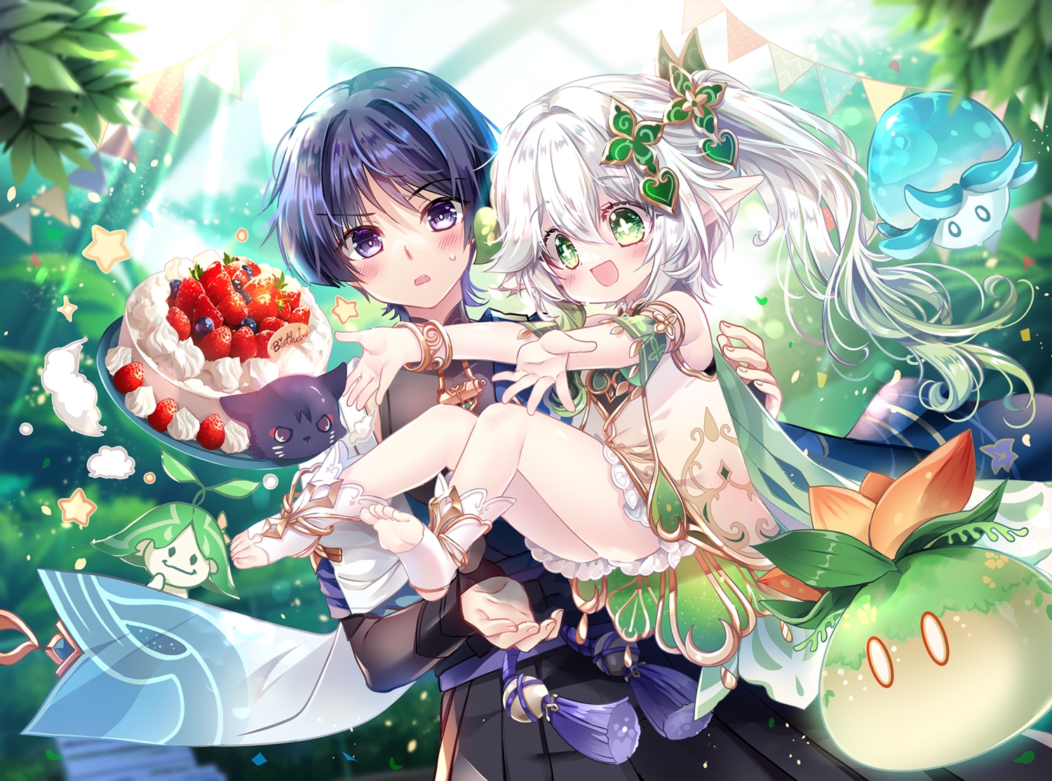 blush, cake, dress, food, fruit, genshin_impact, gray_hair, loli