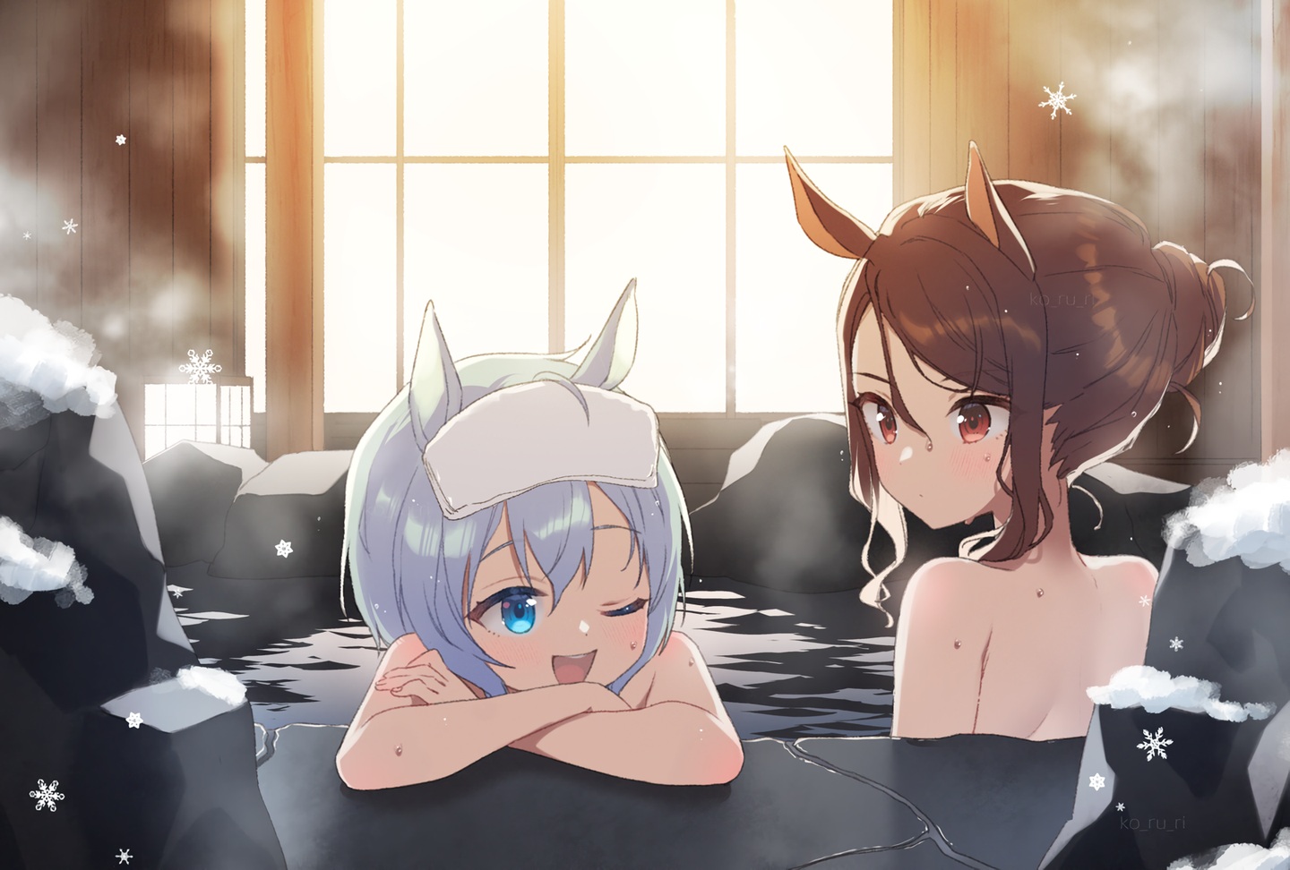animal_ears, anthropomorphism, aqua_eyes, brown_eyes, brown_hair, gray_hair, king_halo_(umamusume), koruri