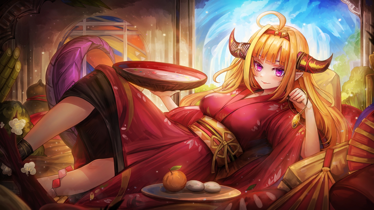 blush, drink, fang, food, fruit, headband, hololive, horns, japanese_clothes, kimono, kiryuu_coco, long_hair, orange_(fruit), orange_hair, pointed_ears, purple_eyes, sake, tail, ziteng_yue