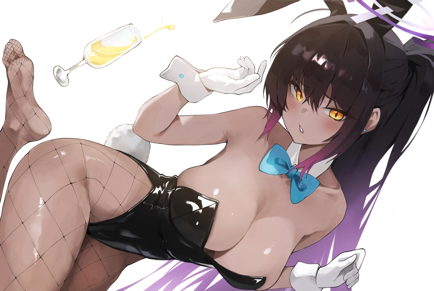 animal_ears, blue_archive, bow, brown_hair, bunny_ears, bunnygirl, dark_skin, drink, gloves, halo, headband, kagemoe1003, kakudate_karin, leotard, long_hair, no_bra, ponytail, tail, yellow_eyes