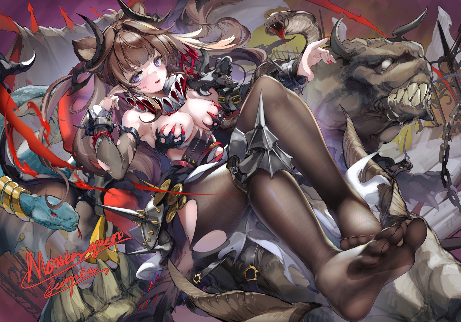 animal, animal_ears, blood, breasts, brown_hair, chain, horns, long_hair