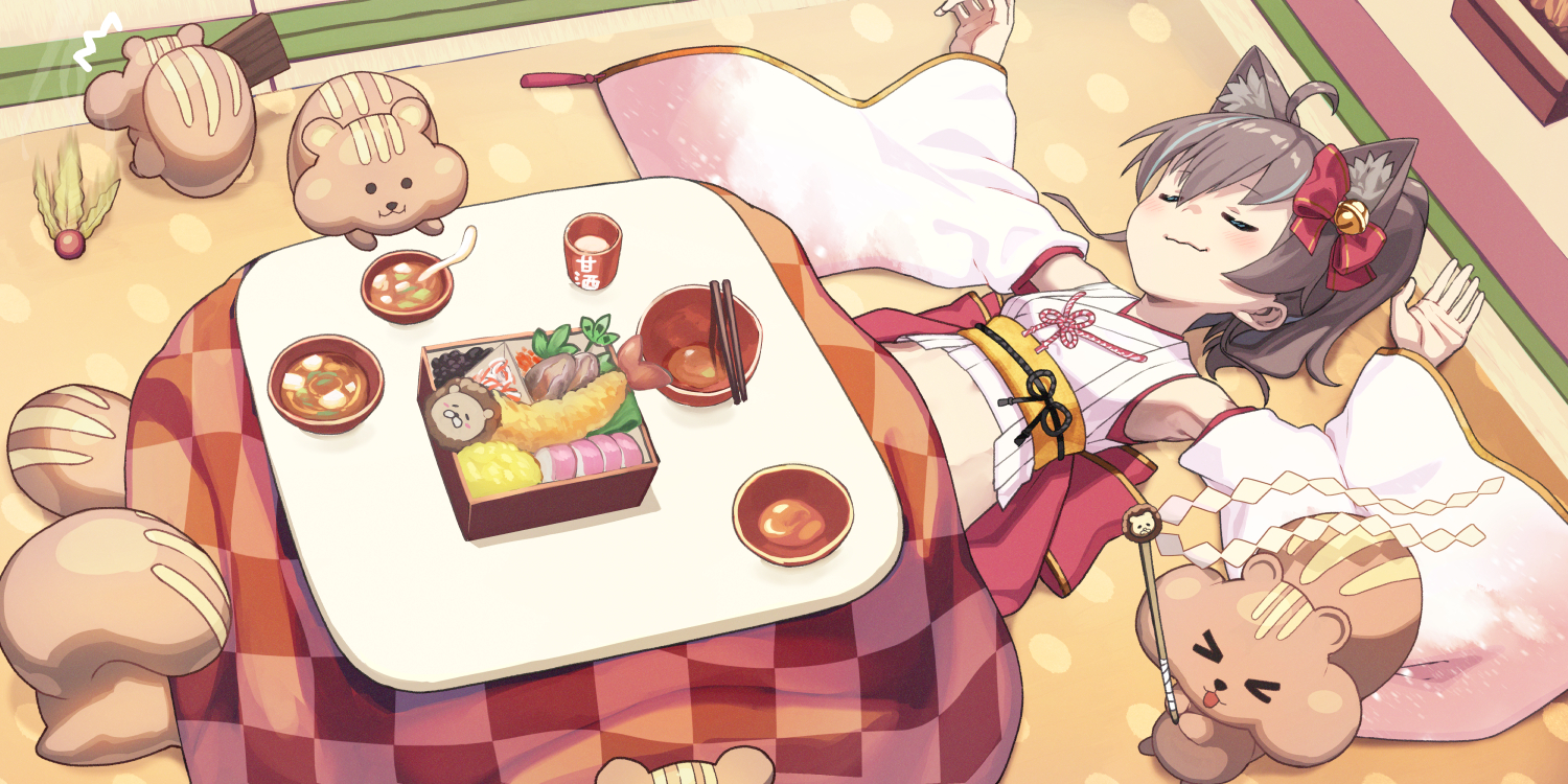 animal, animal_ears, bell, bow, brown_hair, catgirl, food, hololive
