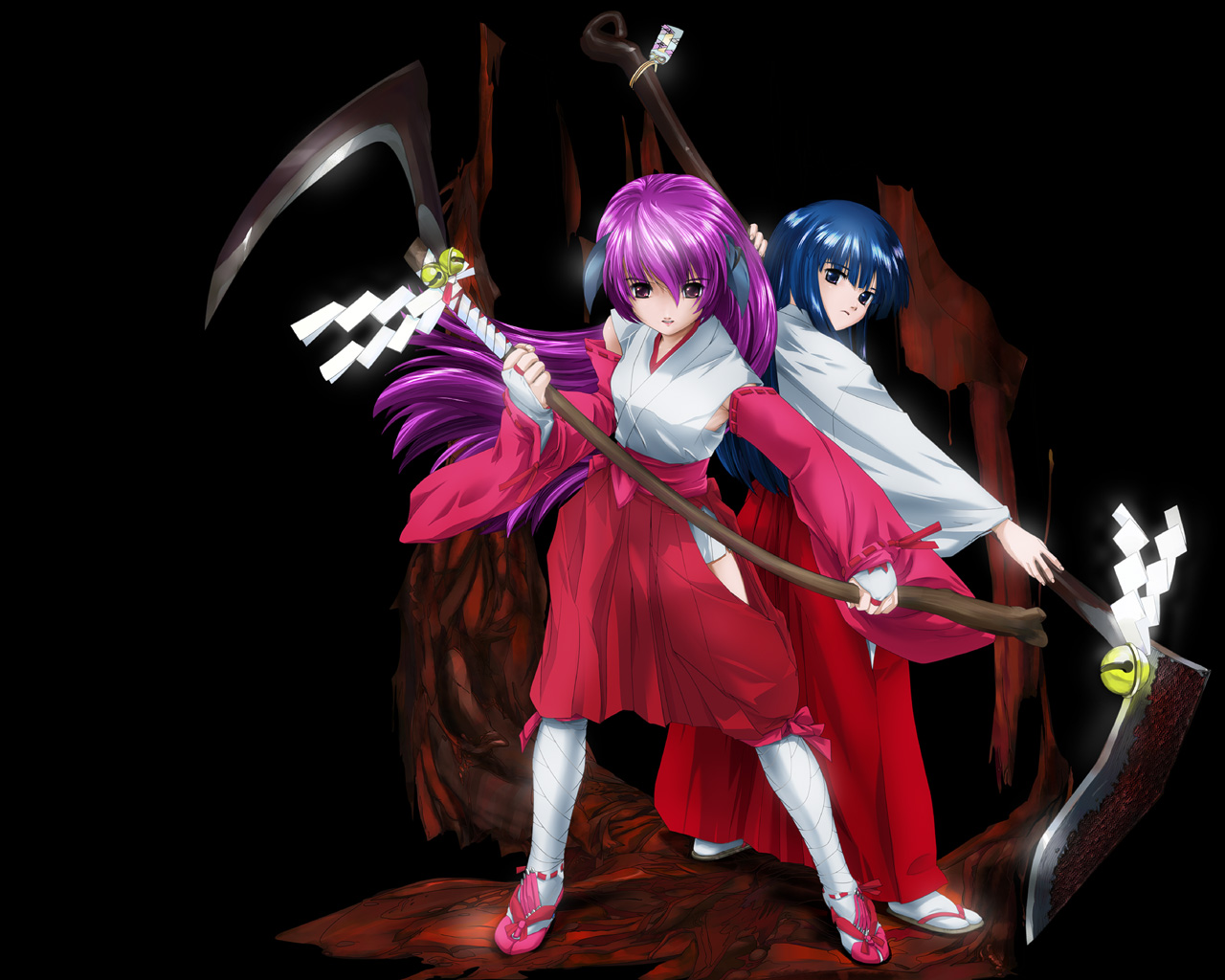 ashibe_ryou, furude_rika, hanyuu, higurashi_no_naku_koro_ni, horns, japanese_clothes, long_hair, miko, scythe, weapon