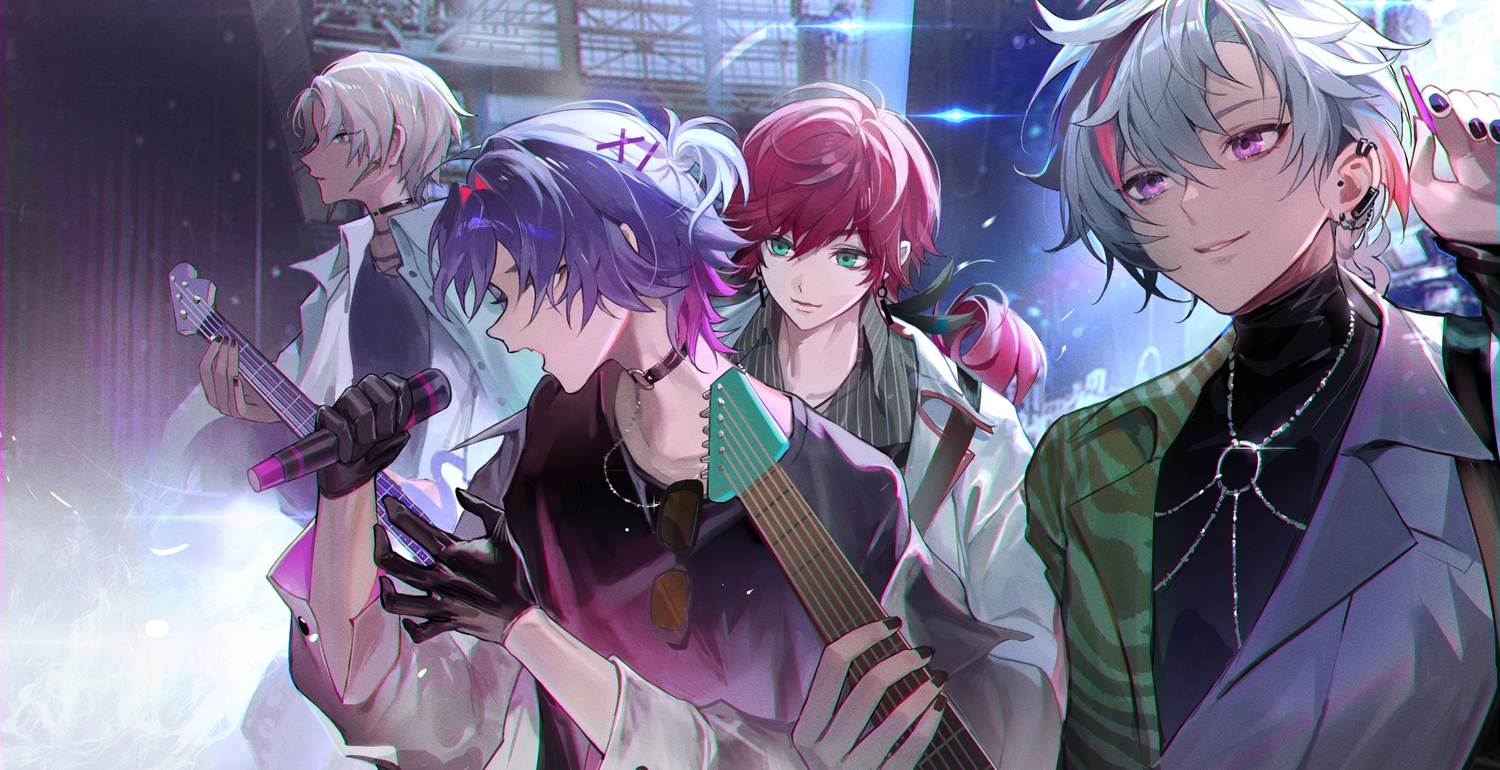 all_male, collar, dark_skin, fuwa_minato, gloves, gray_hair, green_eyes, group, guitar, ibrahim_(nijisanji), instrument, lauren_iroas, long_hair, male, microphone, moko_(moko/moko), nijisanji, purple_eyes, purple_hair, red_hair, shirt, short_hair, sunglasses, watarai_hibari