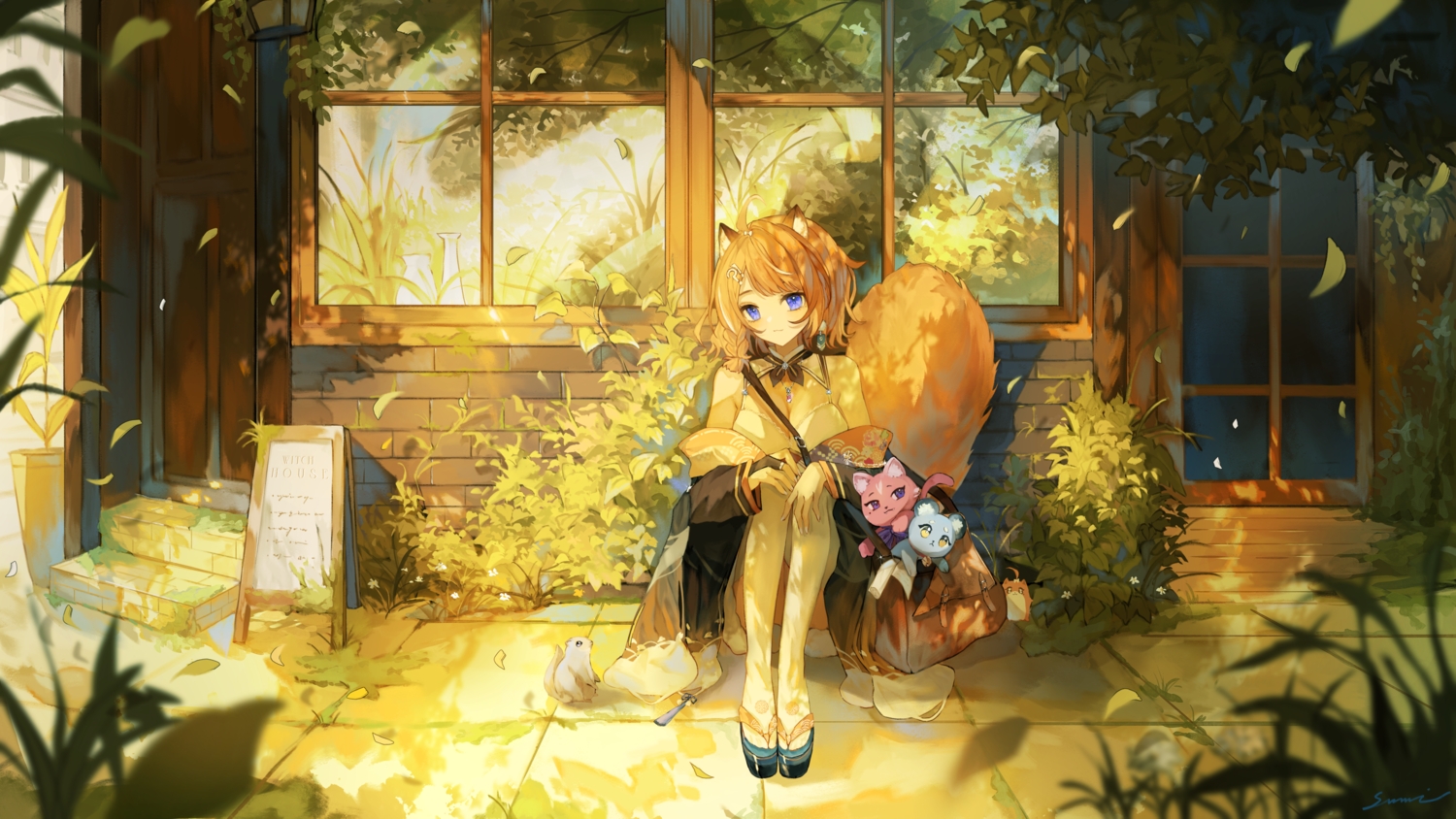 animal, animal_ears, breasts, brown_hair, building, cat, cleavage, foxgirl
