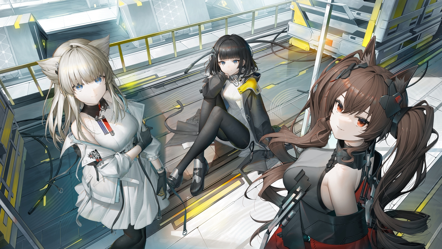 angelina_(arknights), animal_ears, arknights, arknights:_endfield, black_hair, blue_eyes, brown_hair, dress, endministrator_(arknights), foxgirl, gilberta_(arknights:_endfield), gloves, gray_hair, long_hair, pantyhose, perlica_(arknights), red_eyes, soho_(user_dphk5745), twintails