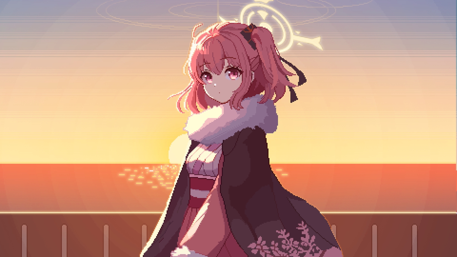 blue_archive, halo, japanese_clothes, kimono, pink_eyes, pink_hair, sky, sumi_serina, sunset, tinia_etru, water