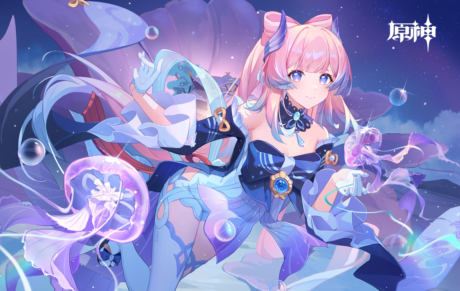 animal, bow, choker, clouds, genshin_impact, gloves, logo, long_hair, monabianou, pink_hair, purple_eyes, sangonomiya_kokomi, sky, thighhighs, water