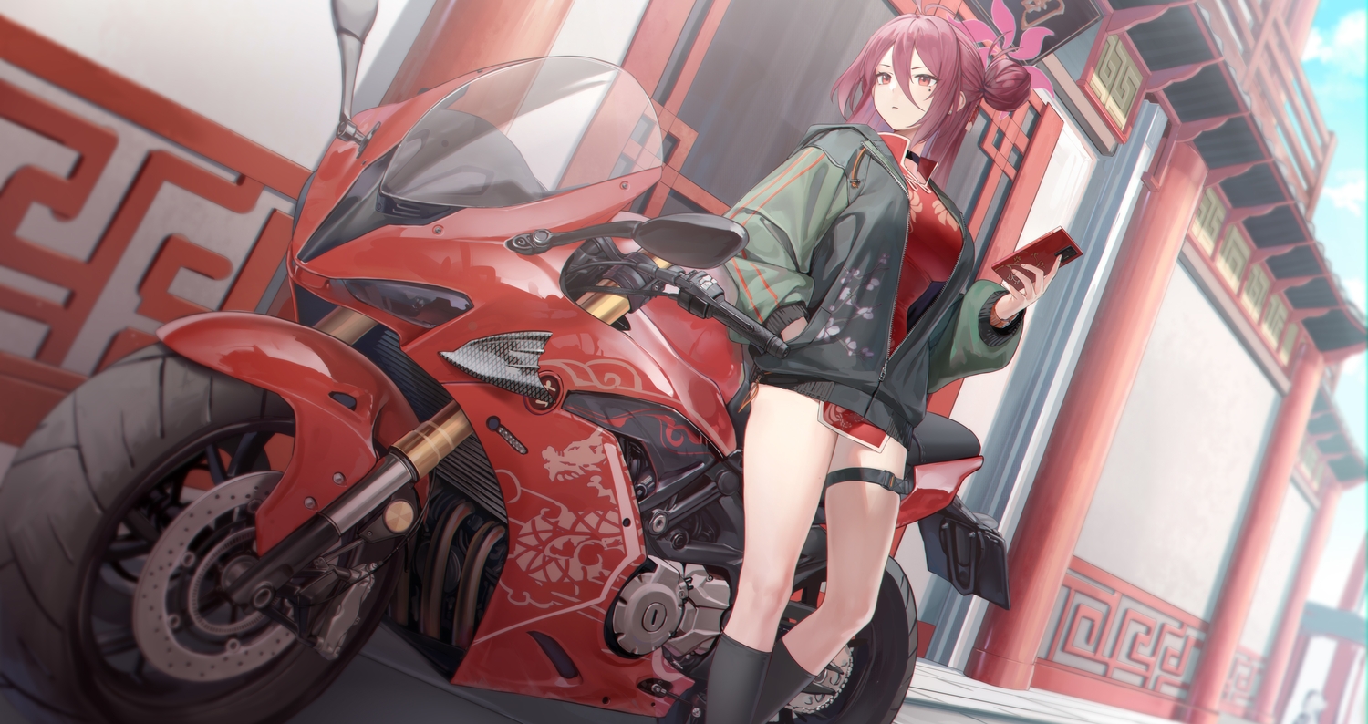 blue_archive, building, chinese_clothes, chinese_dress, choker, dress, garter, halo, kayama_reijo, kneehighs, long_hair, motorcycle, phone, red_eyes, red_hair, soeyumi