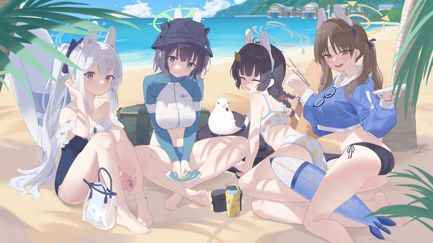 animal, animal_ears, ass, barefoot, beach, bikini, bird, black_hair
