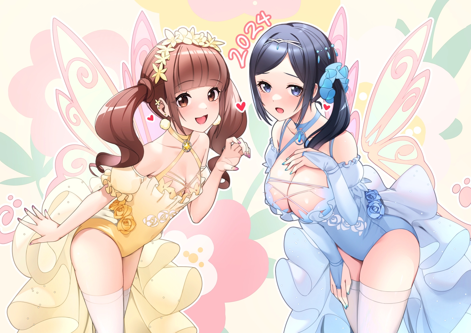 2girls, black_hair, blue_eyes, blush, breast_hold, breasts, brown_eyes, brown_hair, cat_smile, choker, cleavage, elbow_gloves, gloves, headdress, healin'_good_precure, heart, hiraimitsu_hinata, leotard, long_hair, precure, rumo, sawaizumi_chiyu, thighhighs, twintails, wings