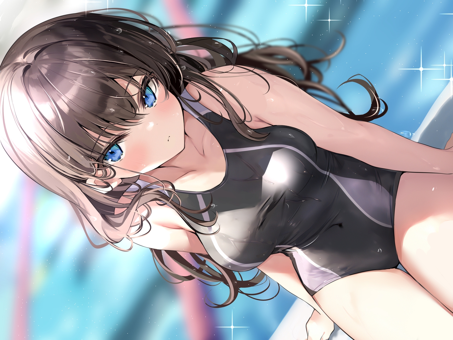 blue_eyes, blush, brown_hair, long_hair, original, pon_(ponidrop), pool, swimsuit, water, wet