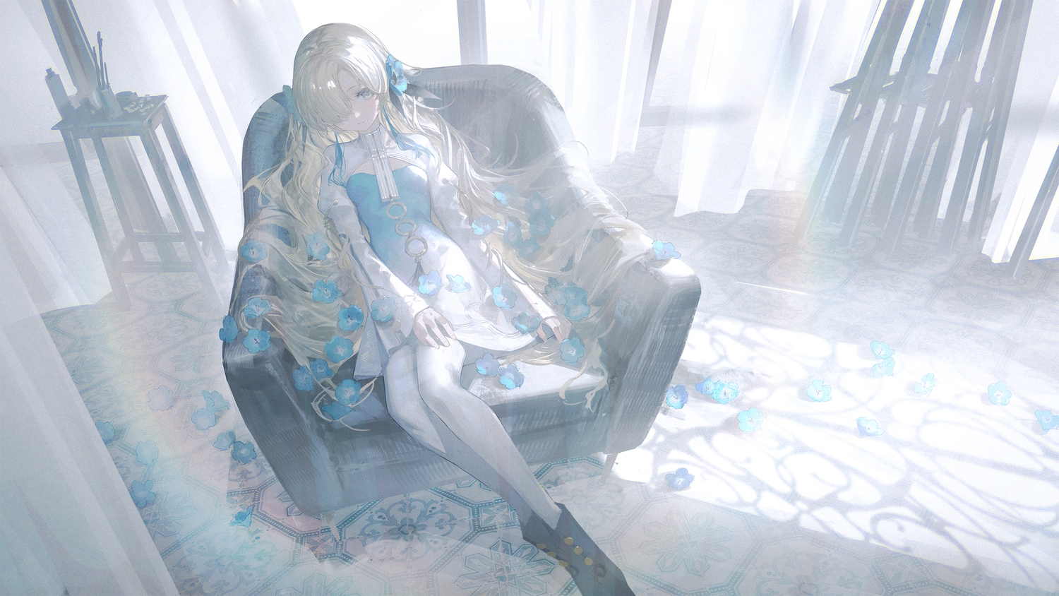 boots, dress, flowers, gray_eyes, gray_hair, isekaijoucho, kamitsubaki_studio, long_hair