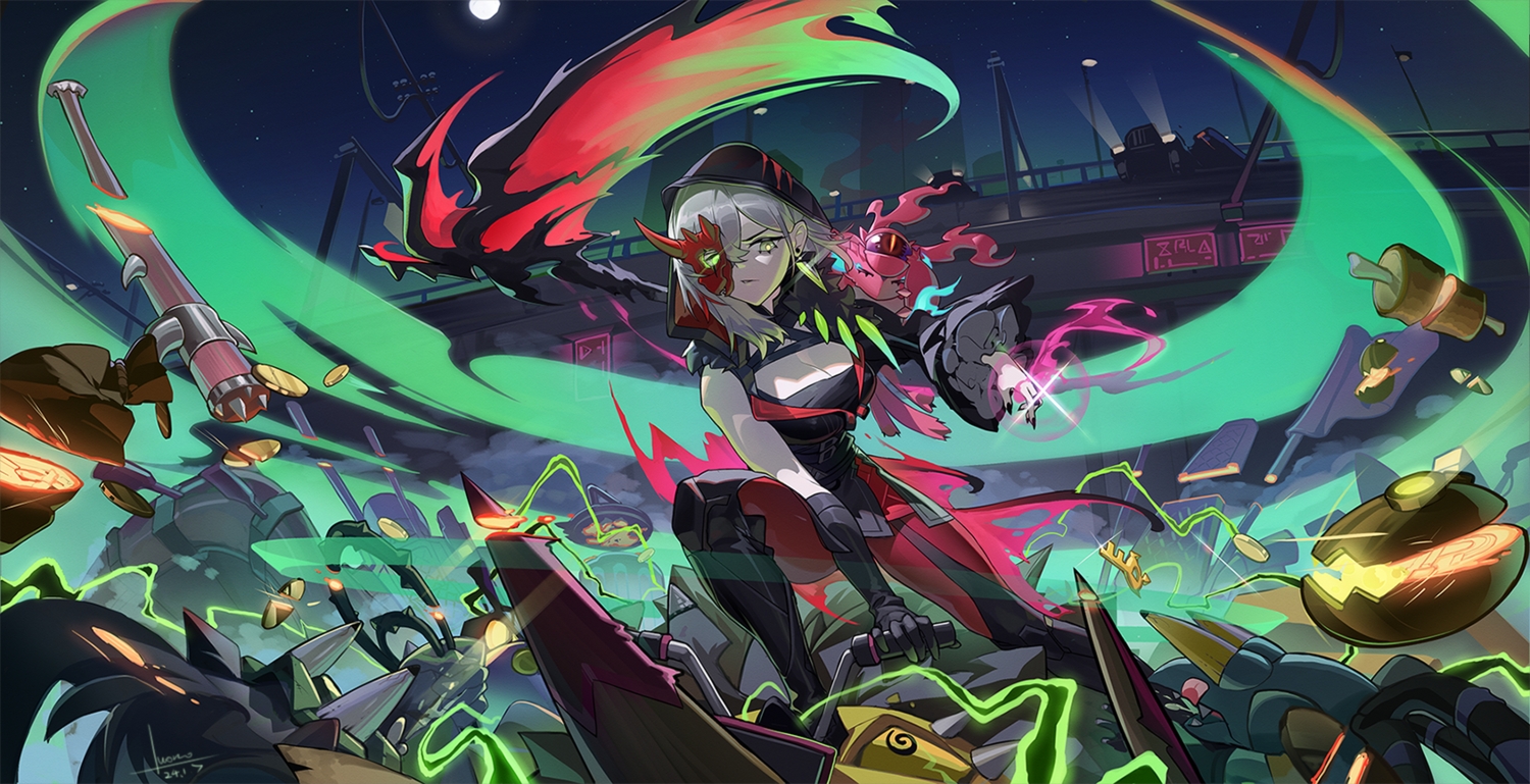boots, breasts, car, cleavage, diabellstar_the_black_witch, elbow_gloves, gloves, gray_hair, green_eyes, hood, horns, luomo, magic, mask, night, signed, skintight, sky, snake-eyes_populus, stars, yu-gi-oh
