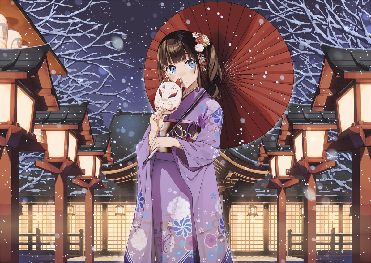 blue_eyes, brown_hair, fan, japanese_clothes, kimono, long_hair, night, original