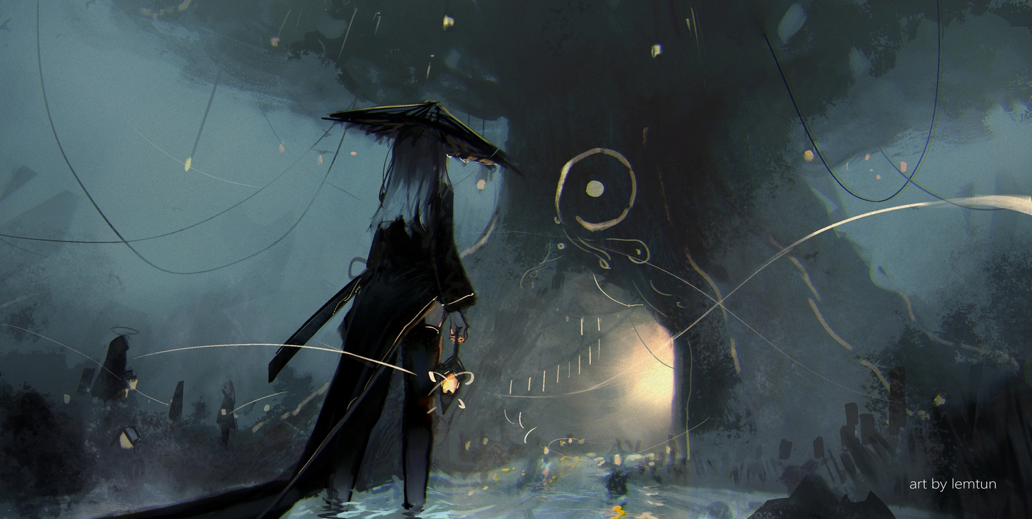 gray_hair, hat, lemtun, long_hair, original, polychromatic, sketch, sword, thighhighs, tree, watermark, weapon