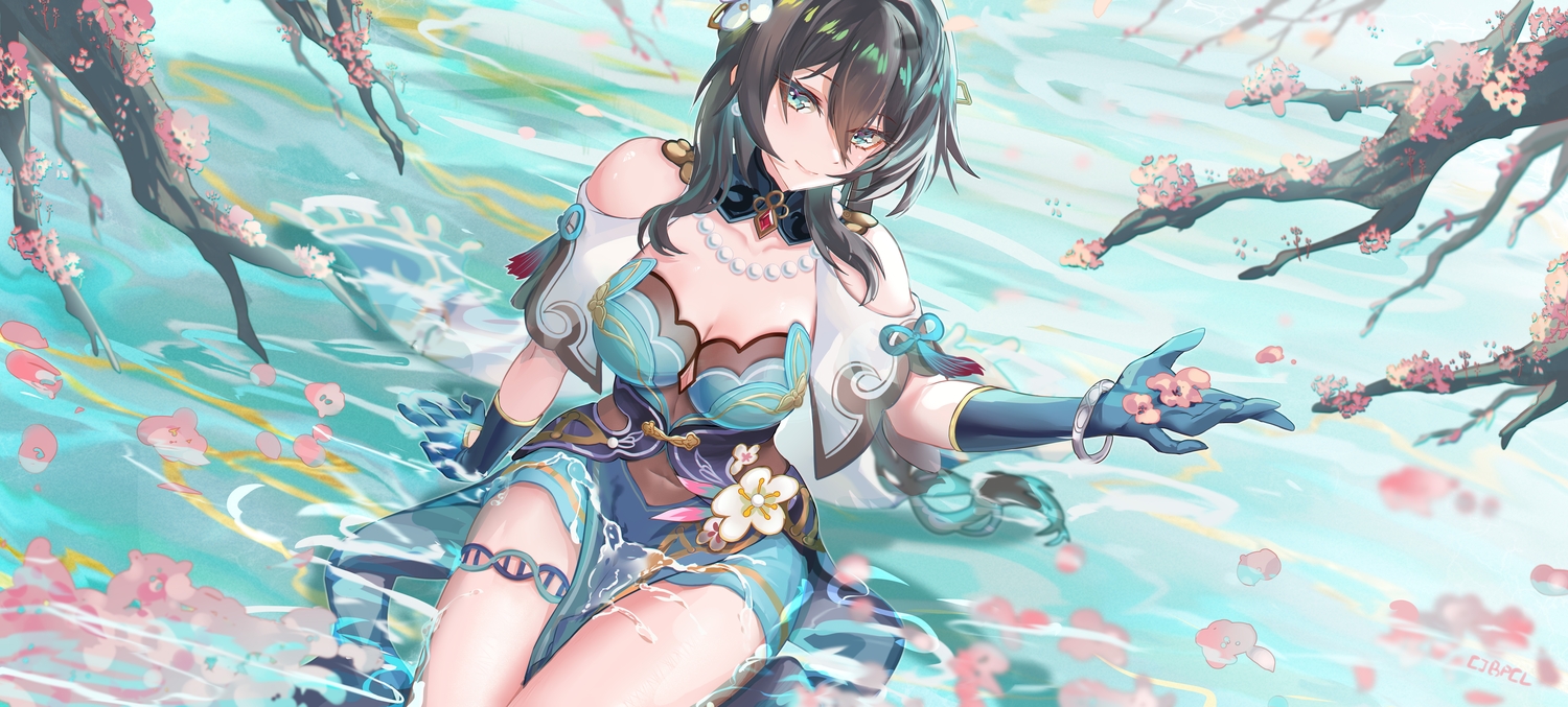 aqua_eyes, breasts, brown_hair, bupa_chila, chinese_clothes, cleavage, dress, elbow_gloves