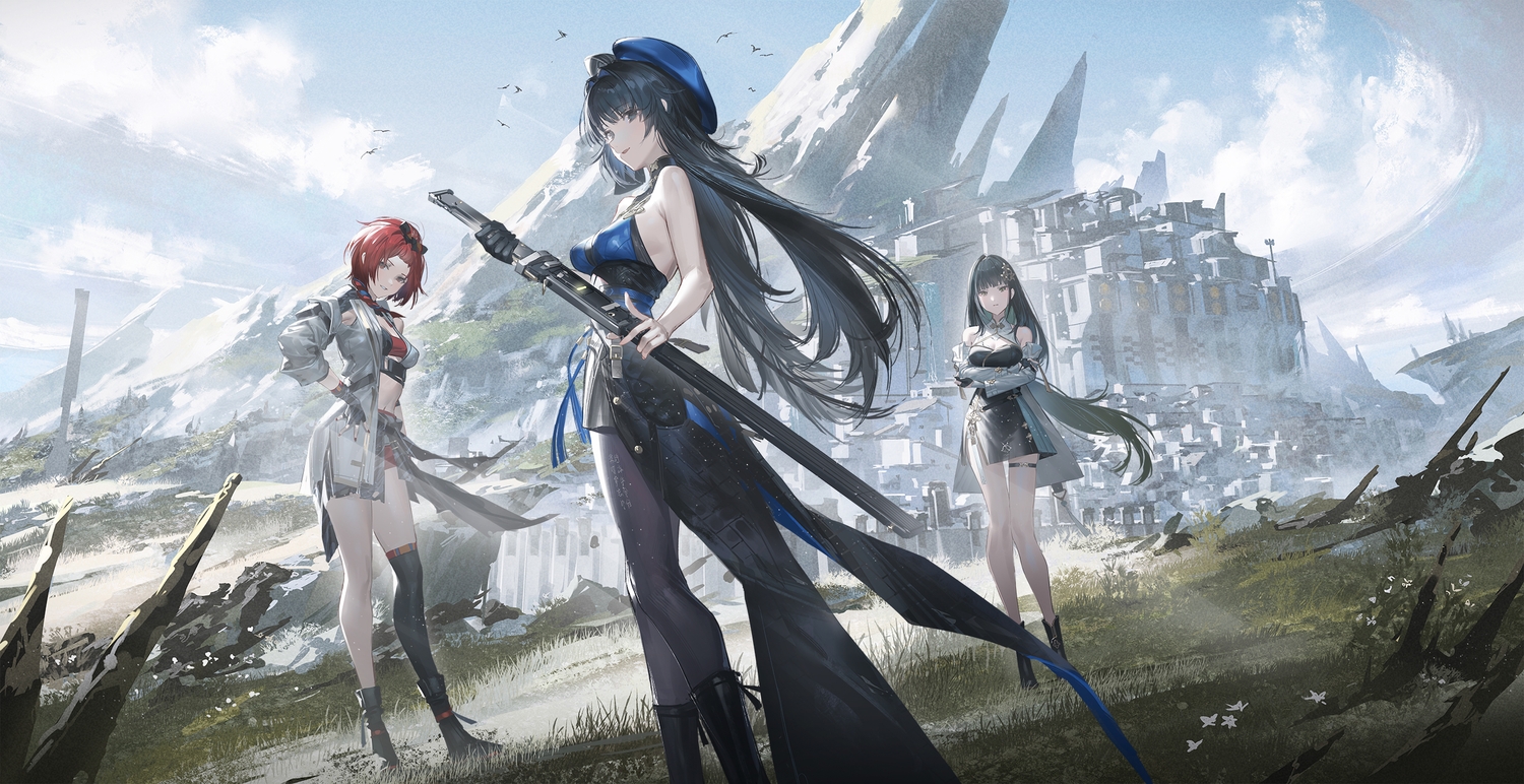 bailian_(wuthering_waves), black_eyes, black_hair, boots, breast_hold, breasts, building, chinese_clothes