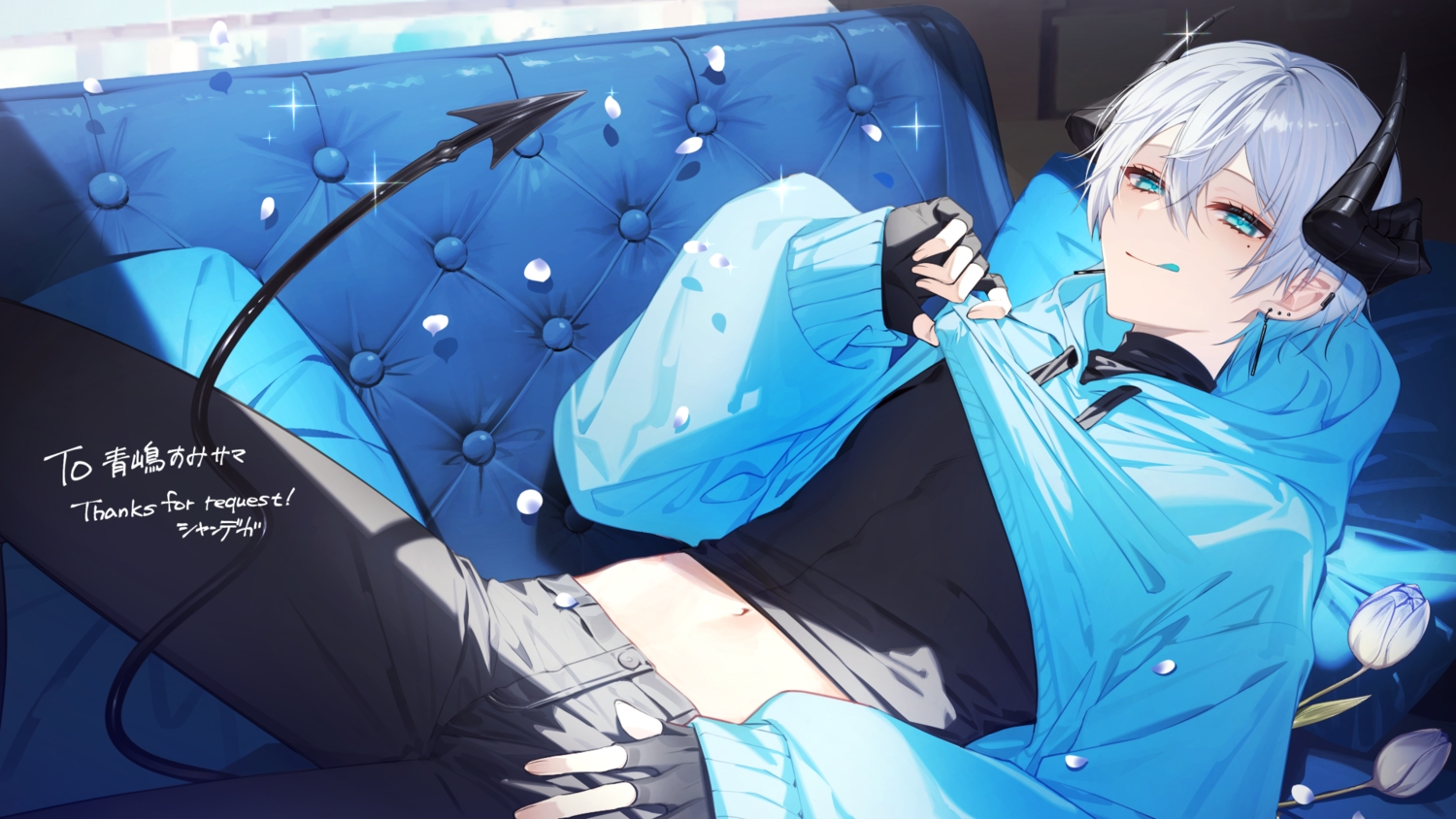 all_male, aoshima_sumi, aqua_eyes, couch, flowers, gloves, gray_hair, hood