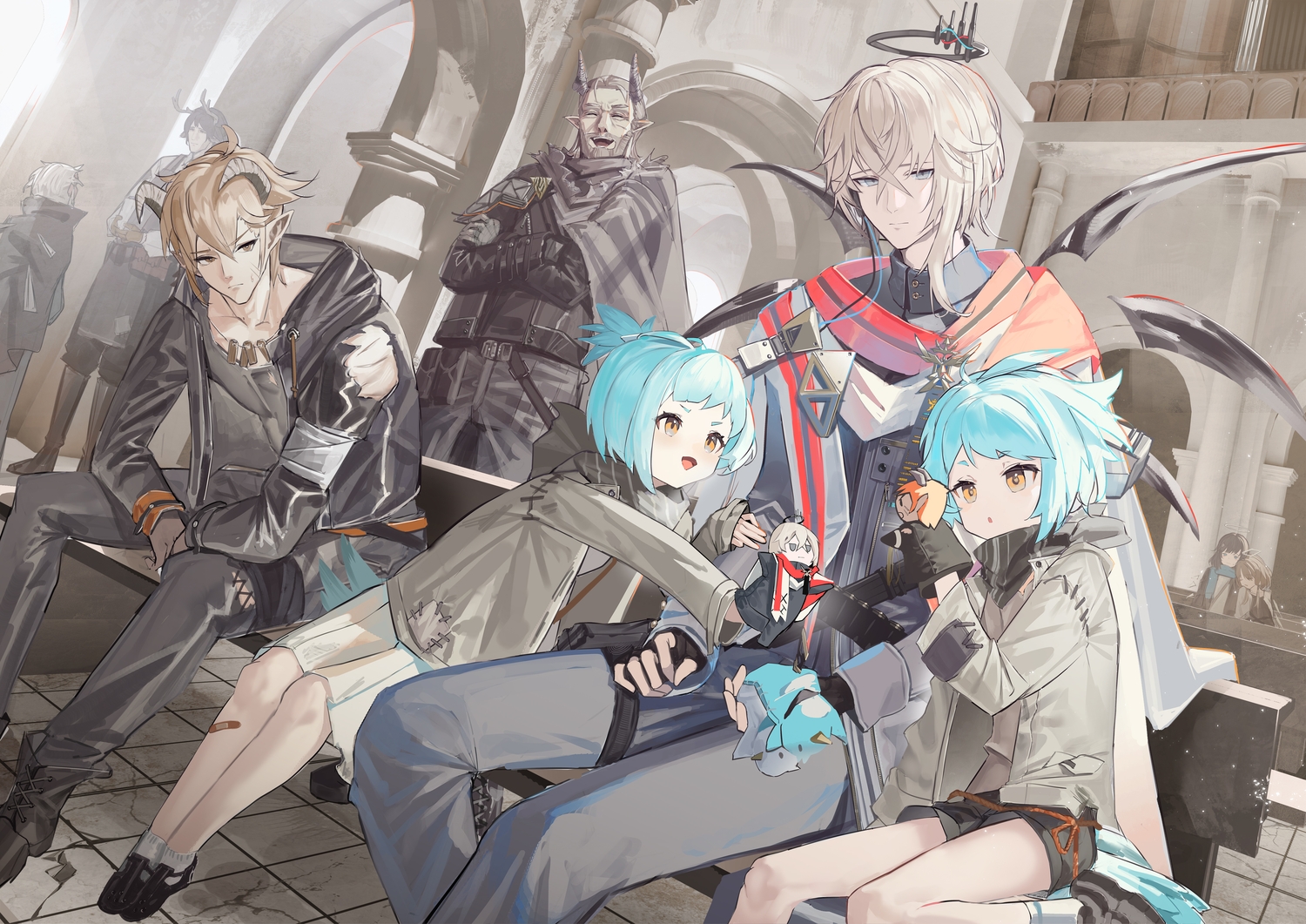 animal_ears, aqua_hair, arknights, bandage, bandaid, black_hair, blonde_hair, brown_eyes