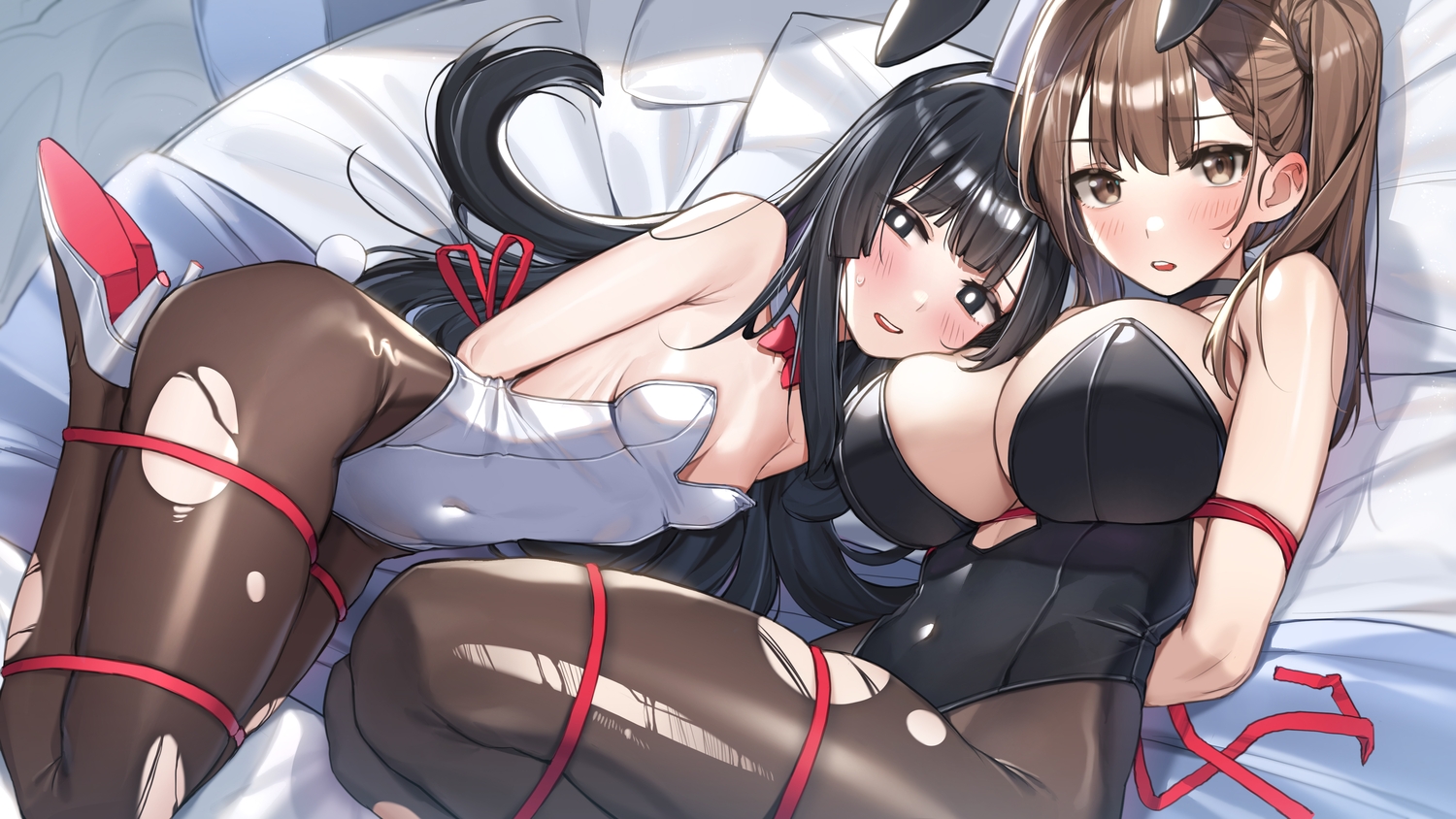 2girls, animal_ears, bed, black_eyes, black_hair, blush, bondage, braids, breasts, brown_eyes, brown_hair, bunny_ears, bunnygirl, cleavage, headband, kotobuki_hisako, leotard, long_hair, pantyhose, piyo_(pixiv_2308057), ribbons, seitokai_ni_mo_ana_wa_aru!, terui_arisu, torn_clothes
