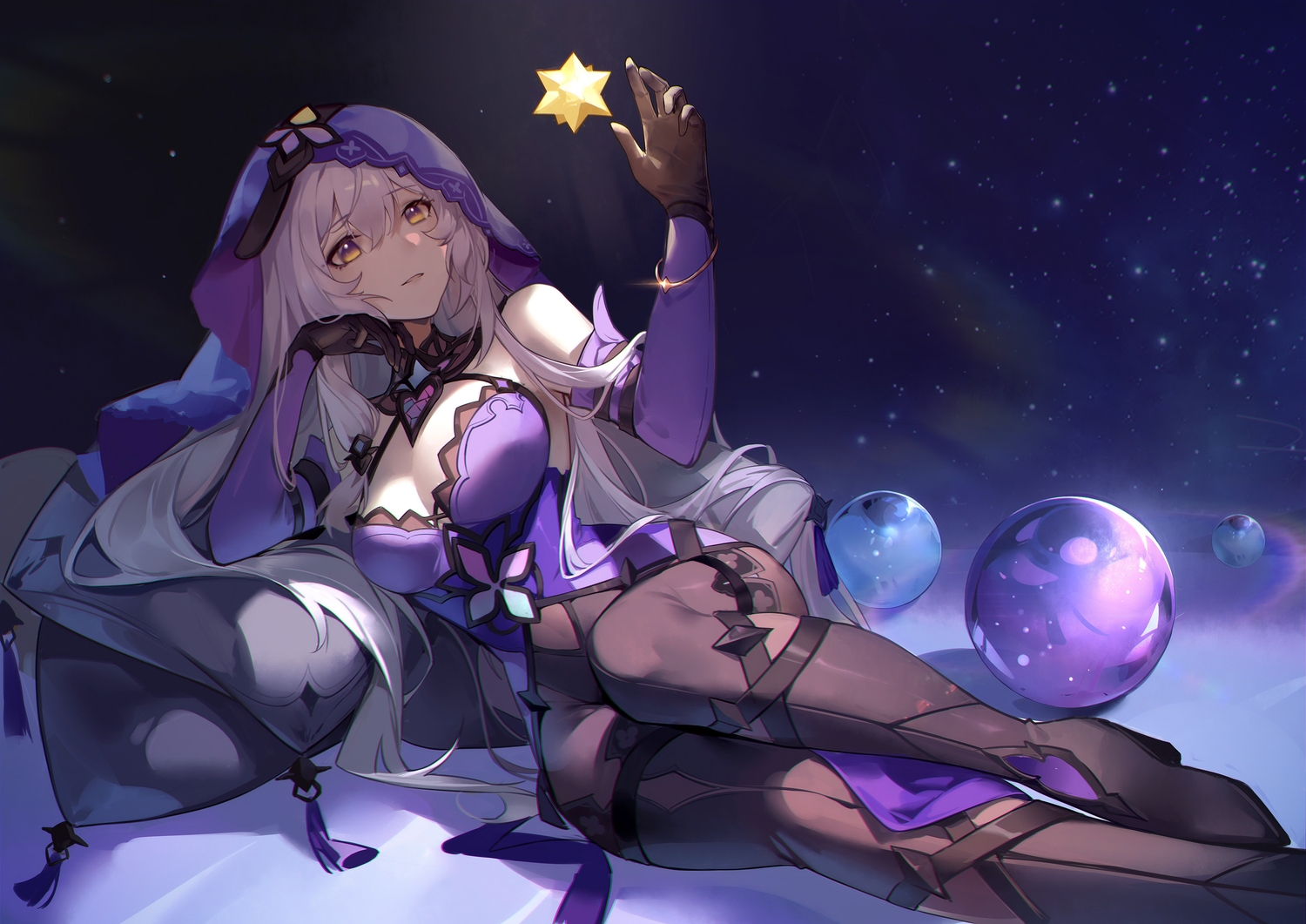 black_swan_(honkai:_star_rail), boots, breasts, cleavage, dress, elbow_gloves, gloves, gray_hair