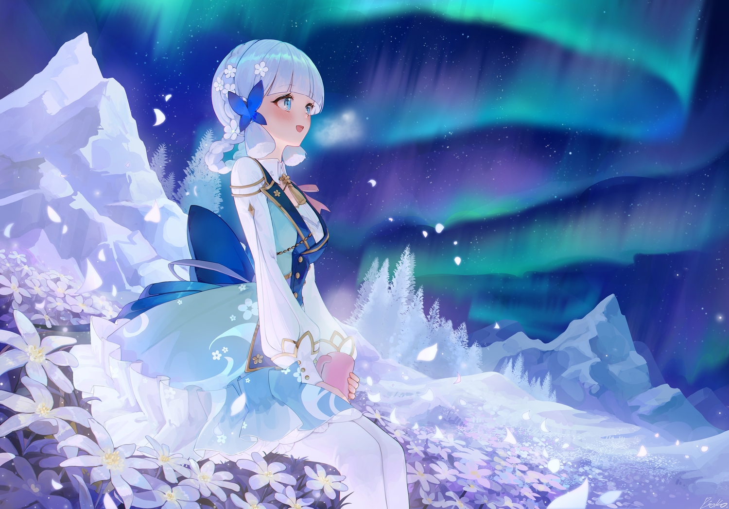 blue_eyes, braids, clouds, dress, drink, flowers, genshin_impact, jpeg_artifacts