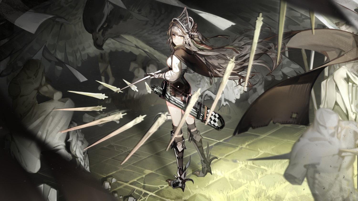 animal, arknights, armor, ass, boots, cape, fartooth_(arknights), gloves, grass, gray_hair, headdress, libiadan, long_hair, shirt, shorts, signed, thighhighs, weapon, yellow_eyes