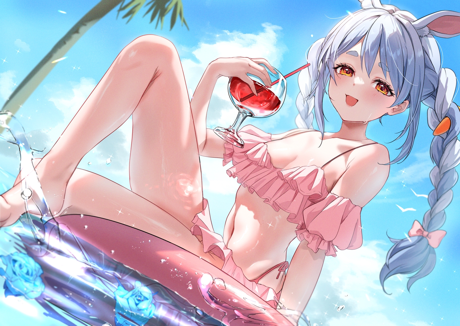 animal_ears, barefoot, bikini, blush, braids, bunny_ears, bunnygirl, clouds