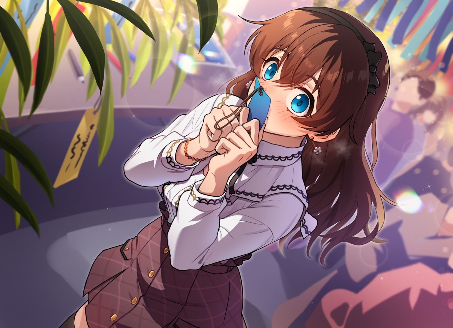 blue_eyes, blush, brown_hair, festival, headband, idolmaster, idolmaster_million_live!, kamille_(vcx68), leaves, long_hair, satake_minako, shirt, skirt, thighhighs