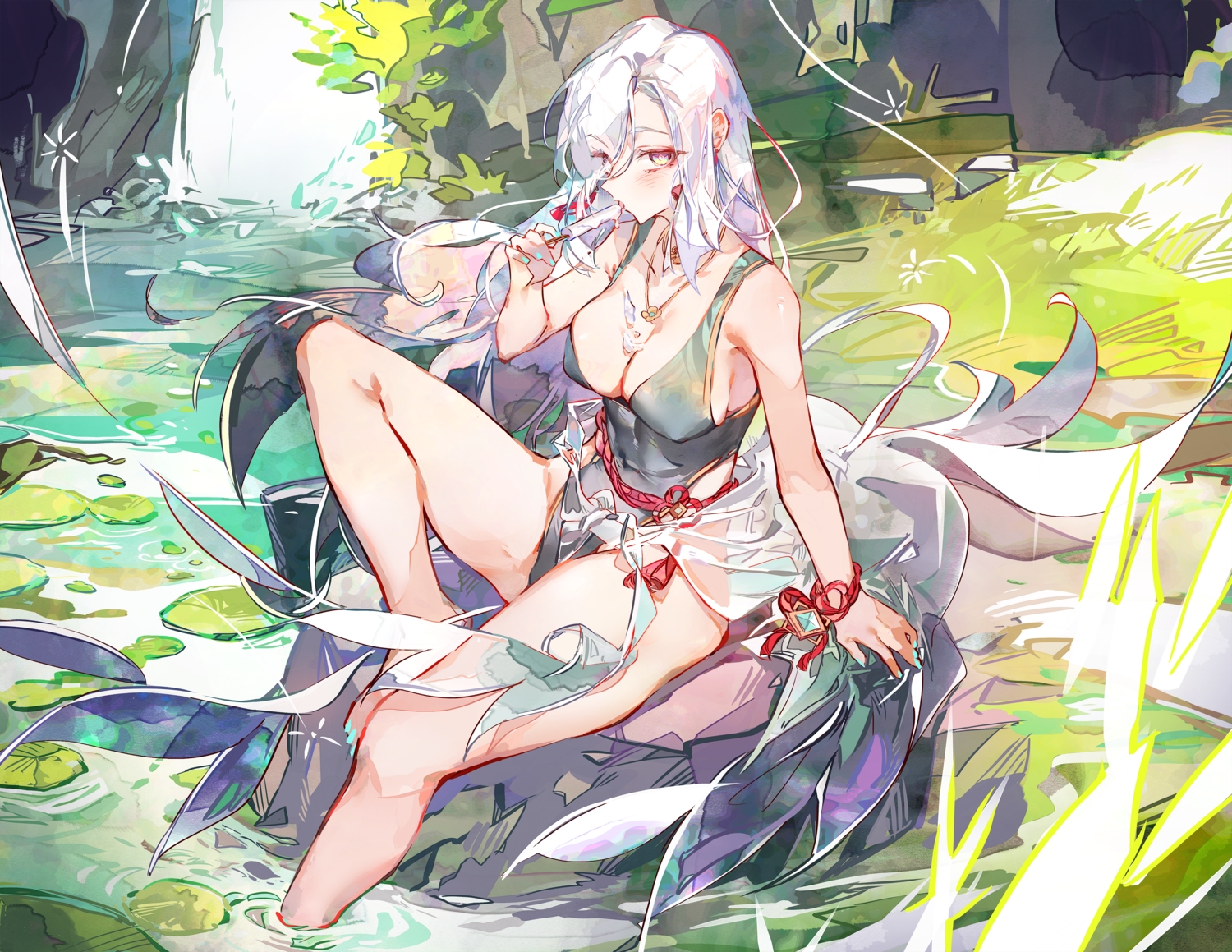 barefoot, blush, breasts, cleavage, cocoballking, food, genshin_impact, ice_cream