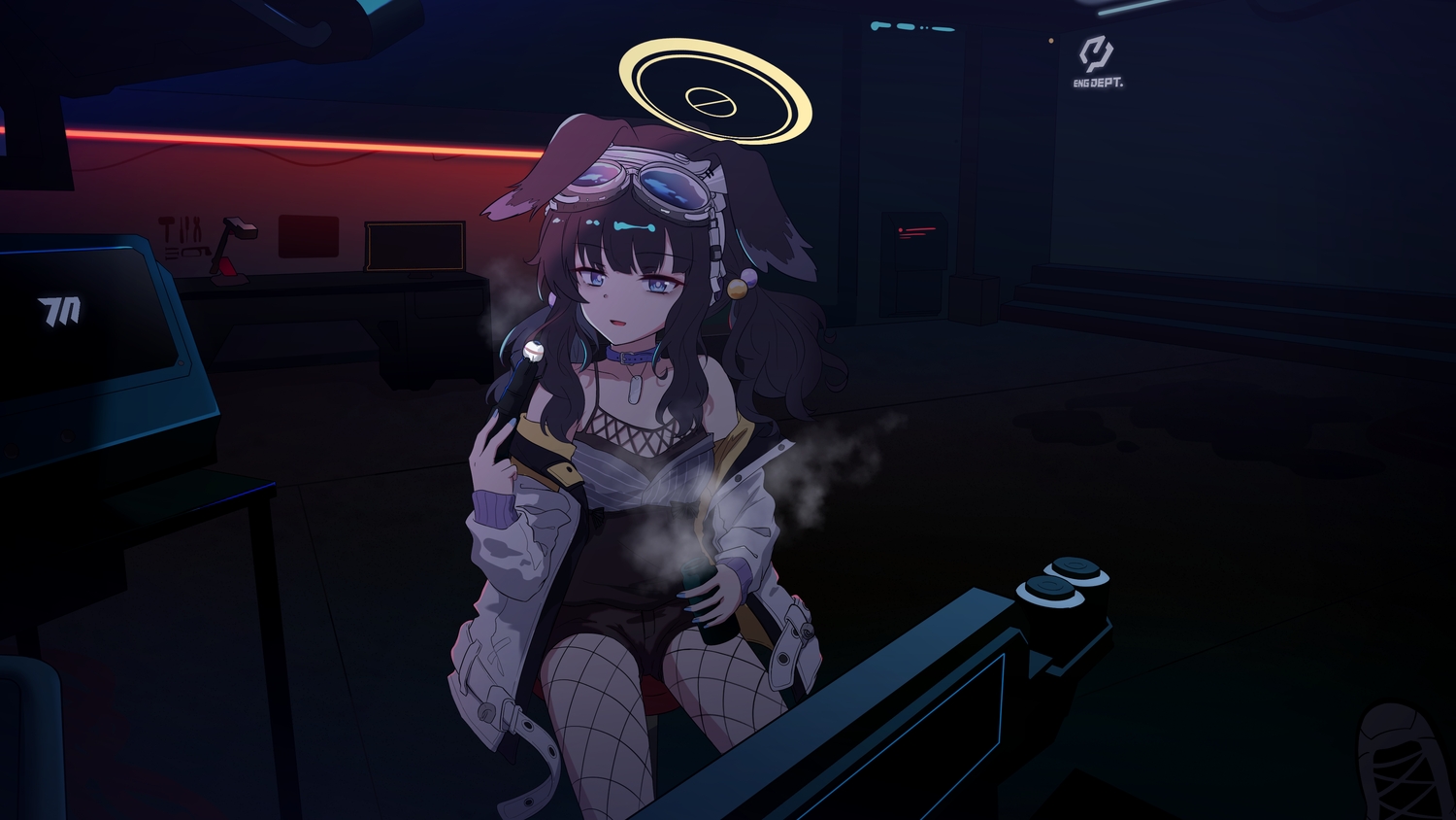aliasing, animal_ears, blue_archive, blue_eyes, collar, cyberpunk_2077, dark, doggirl, goggles, halo, kiroshi, long_hair, nekozuka_hibiki, shorts, stockings