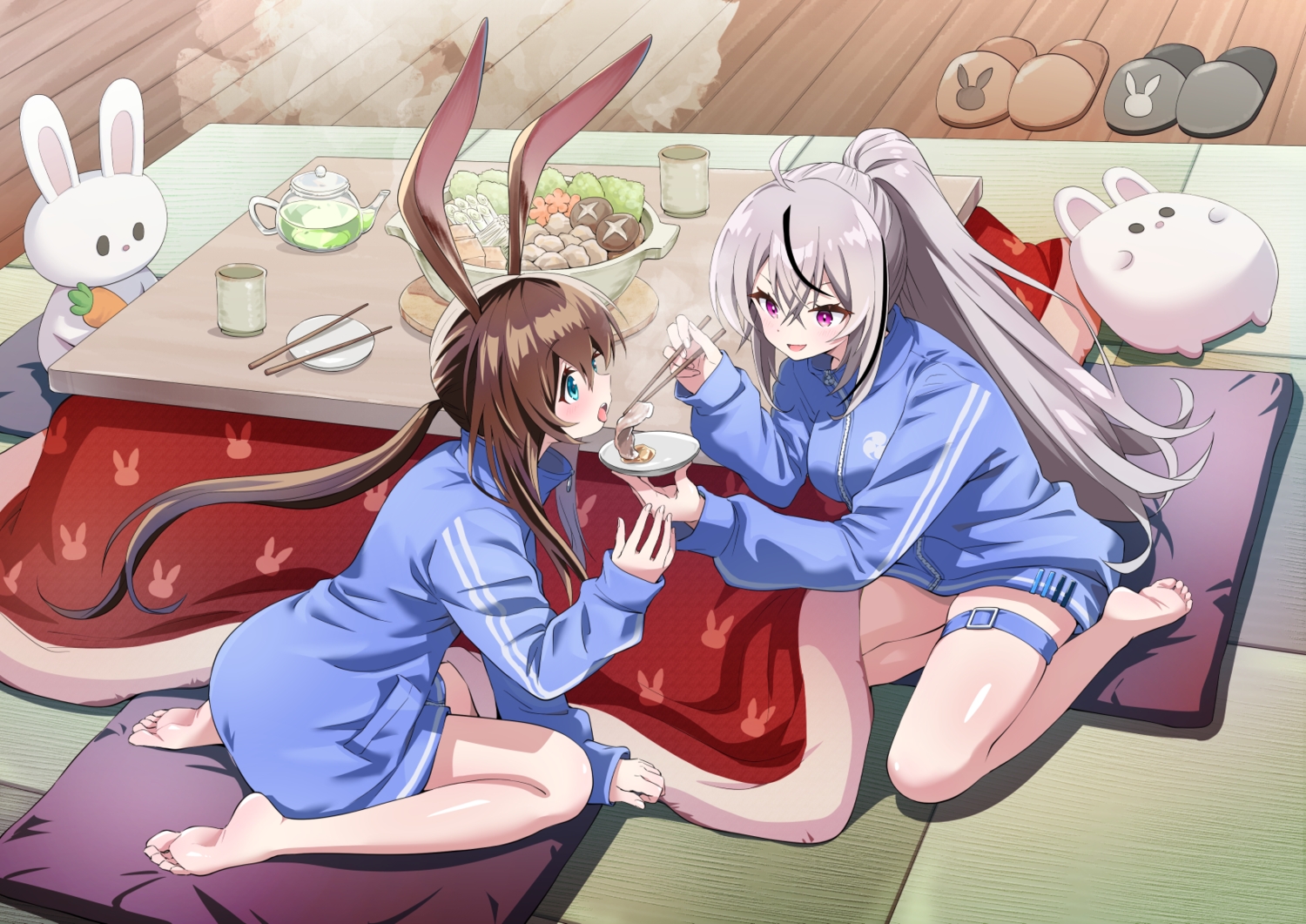 2girls, aliasing, amiya_(arknights), animal_ears, arknights, barefoot, blush, brown_hair