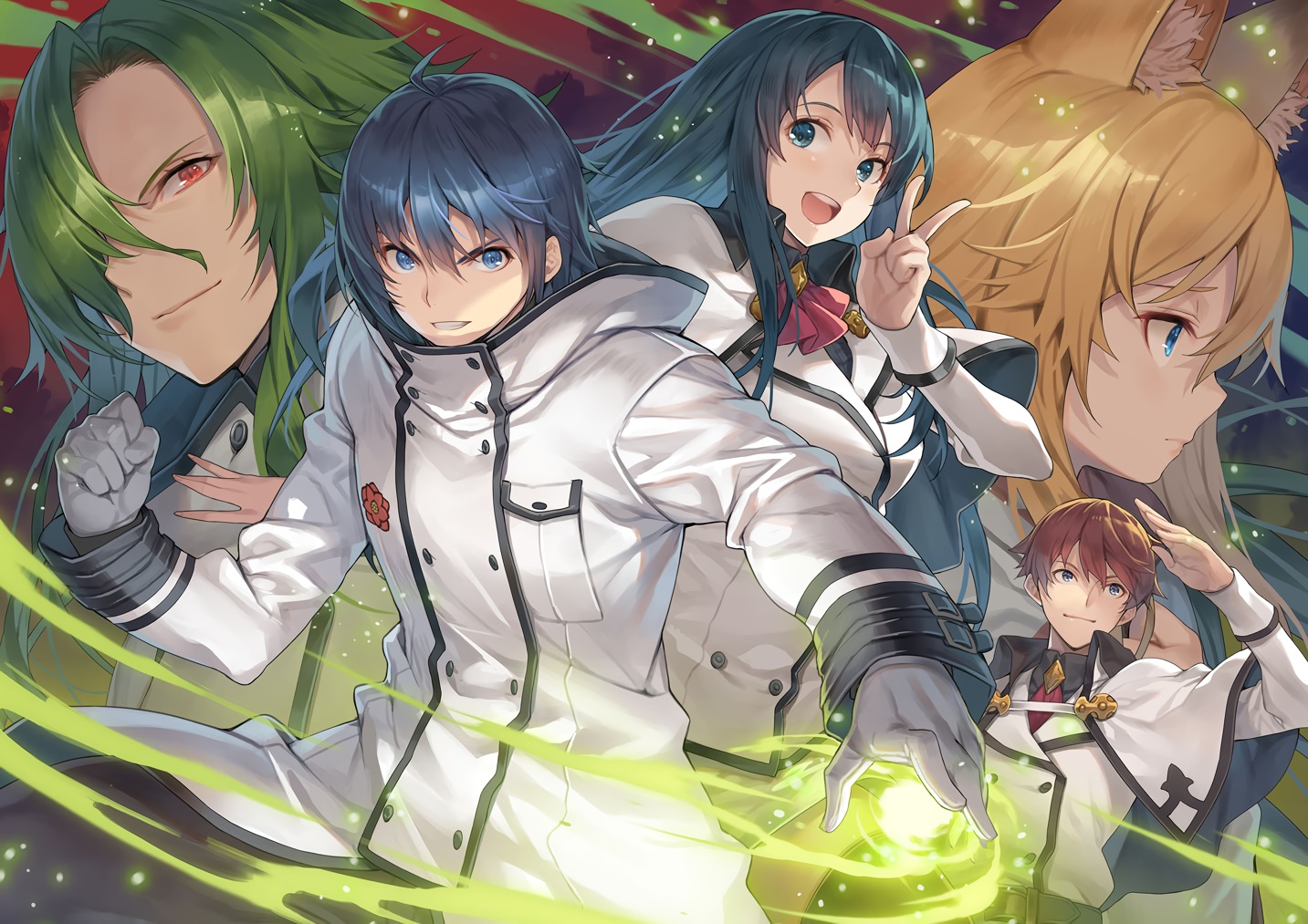animal_ears, blonde_hair, blue_eyes, blue_hair, cape, chiyu_mahou_no_machigatta_tsukaikata, gloves, green_hair, group, hagure_keg, long_hair, magic, male, red_eyes, school_uniform, short_hair, tagme_(character)