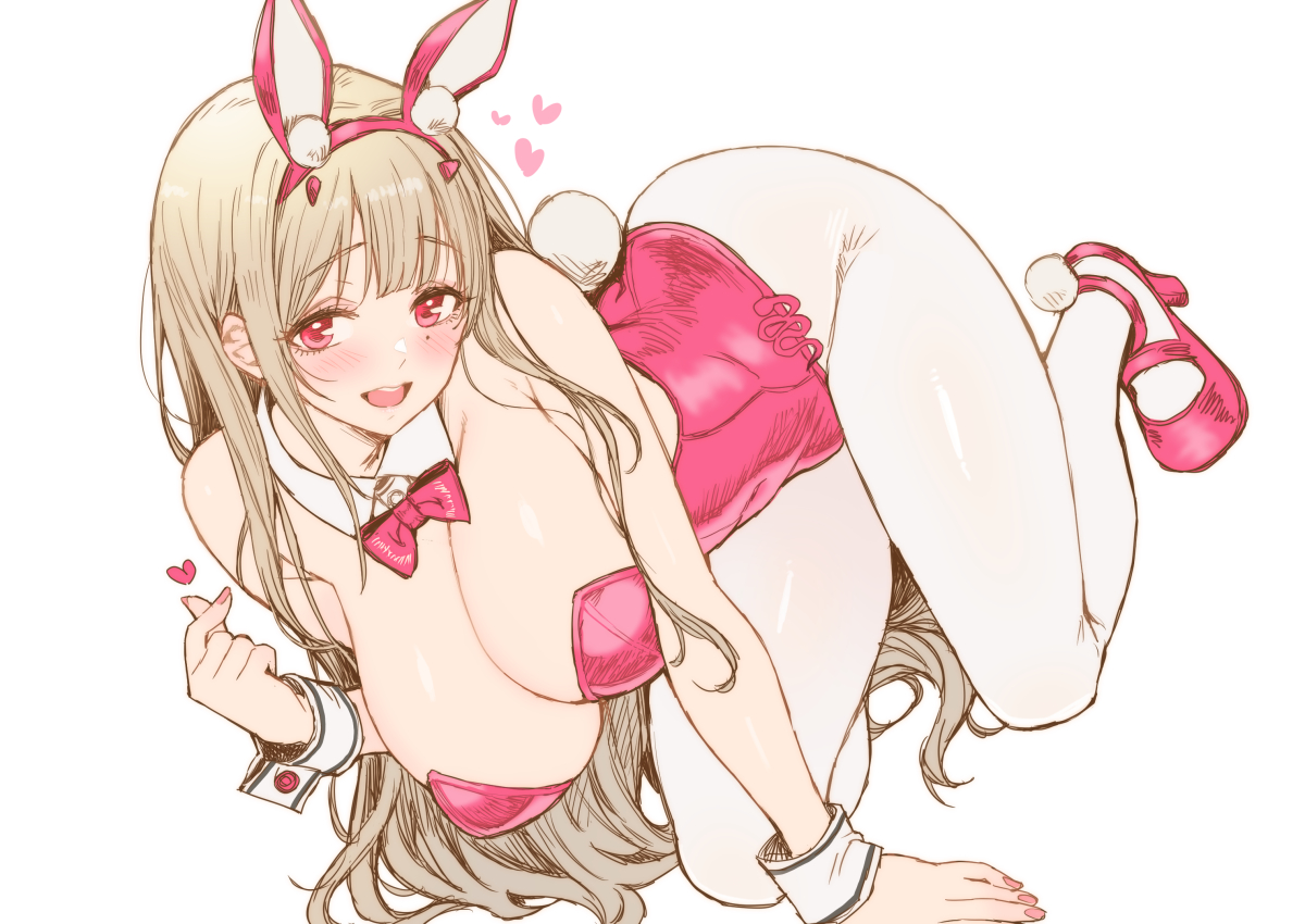 aliasing, animal_ears, blush, bow, breast_hold, breasts, brown_hair, bunny_ears, bunnygirl, cleavage, goddess_of_victory:_nikke, headband, heart, hoosaku, leotard, long_hair, pantyhose, pink_eyes, sketch, tail, viper_(nikke), wristwear