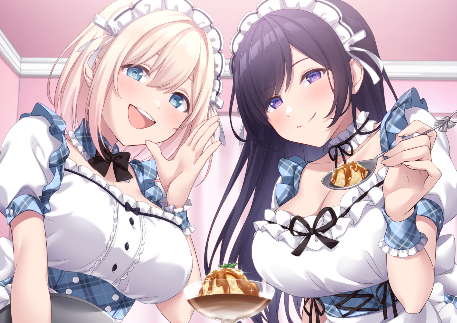 2girls, aqua_eyes, black_hair, blonde_hair, breasts, cleavage, close, food, headdress, hio_(hiohio0306), long_hair, maid, original, purple_eyes, short_hair