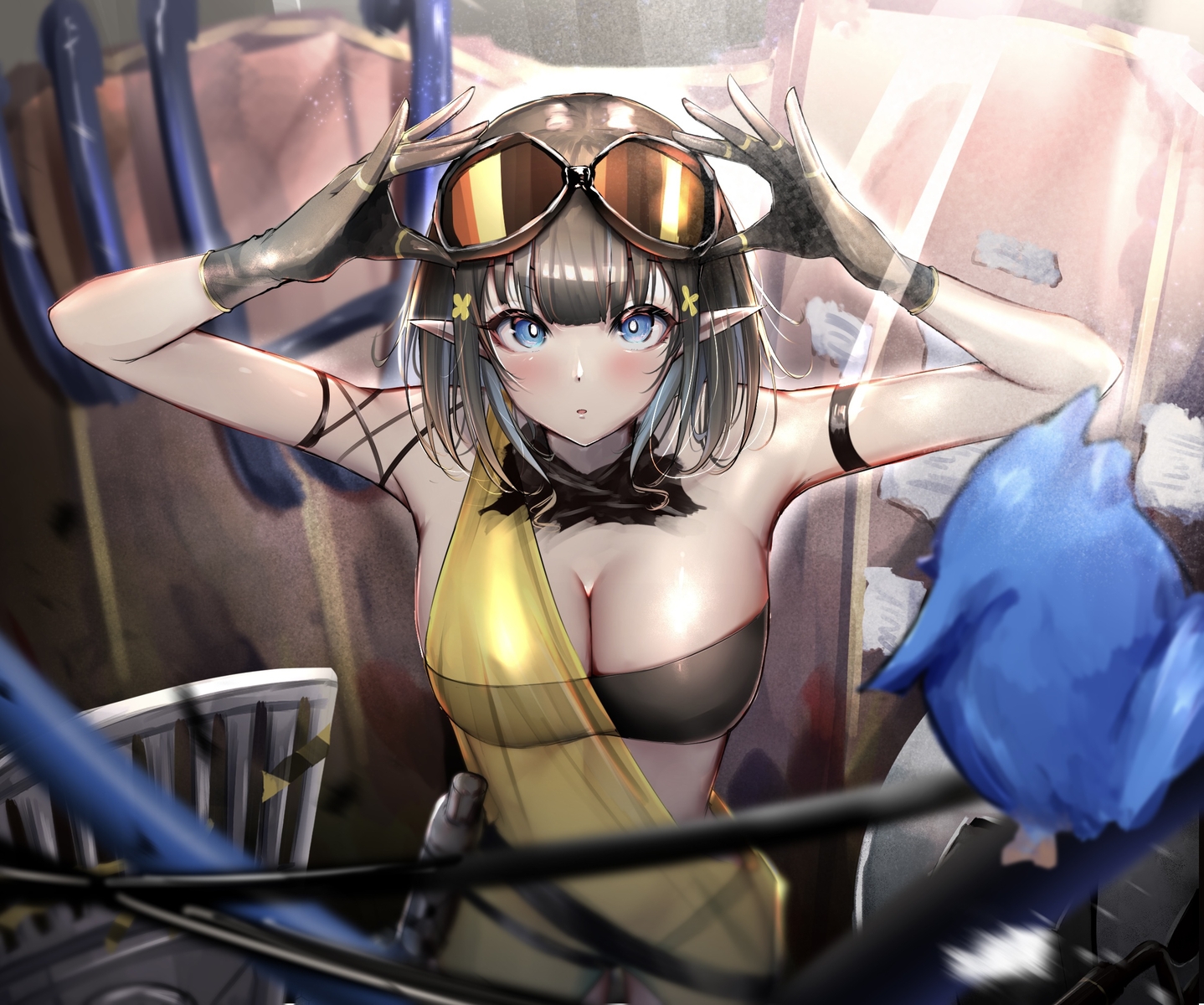 animal, arknights, bird, black_hair, blue_eyes, breasts, cleavage, eunectes_(arknights), gloves, goggles, high_priest_(arknights), pointed_ears, poni_(poni_arknights), see_through, short_hair
