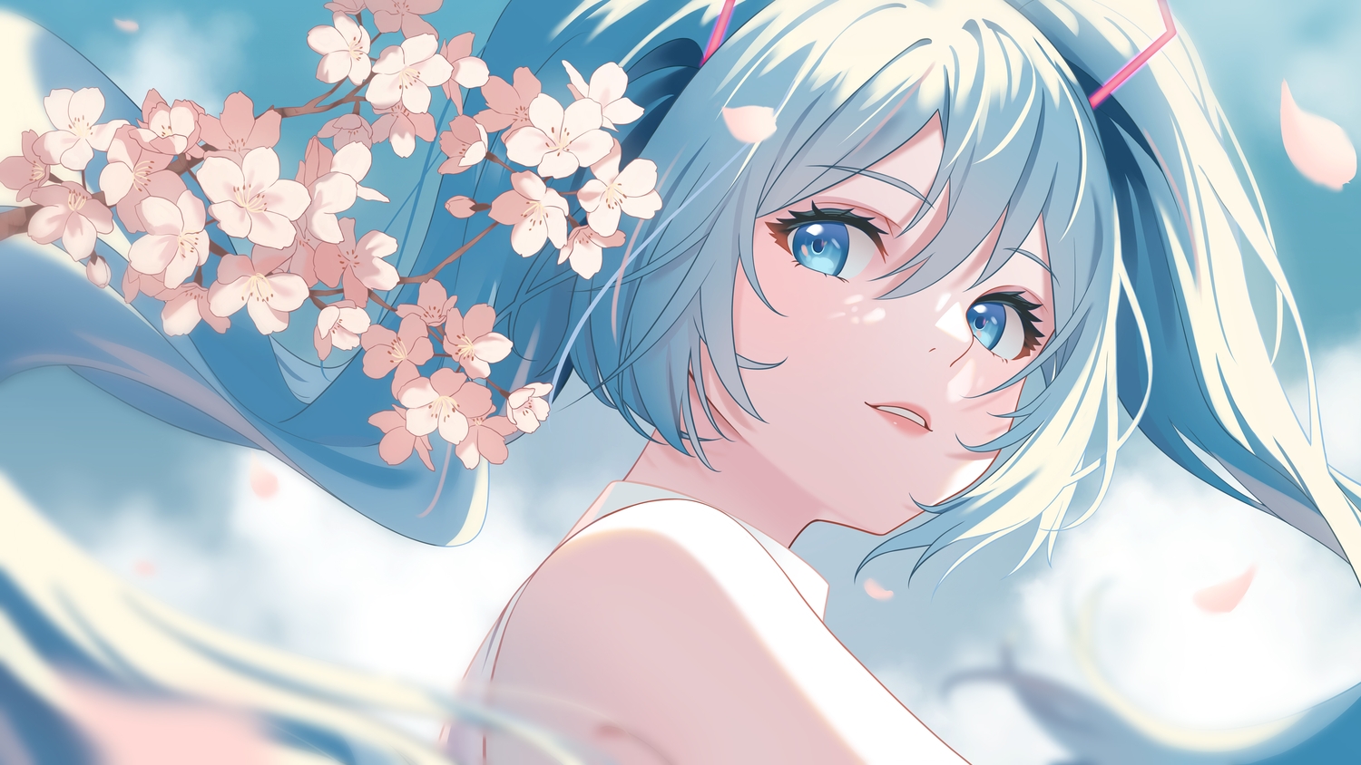 aqua_eyes, aqua_hair, cherry_blossoms, close, clouds, flowers, hatsune_miku, long_hair