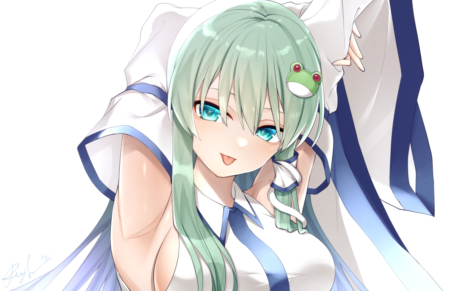 aqua_eyes, breasts, close, green_hair, japanese_clothes, kochiya_sanae, long_hair, miko, sea_scorpion, shirt, sideboob, signed, touhou, white