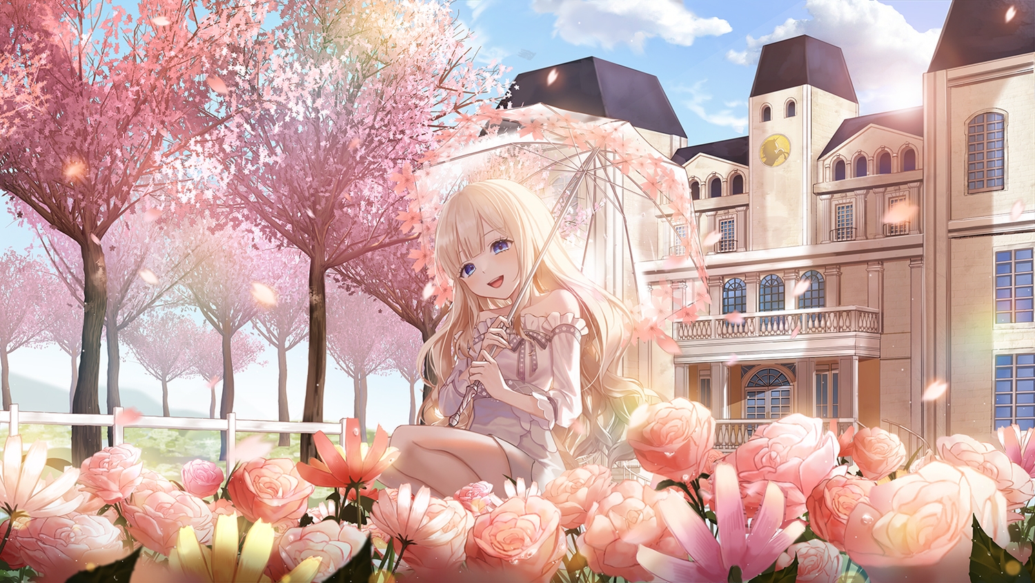 appble, blonde_hair, blue_eyes, building, clouds, dress, flowers, long_hair, petals, sky, tagme_(character), tales_runner, tree, umbrella