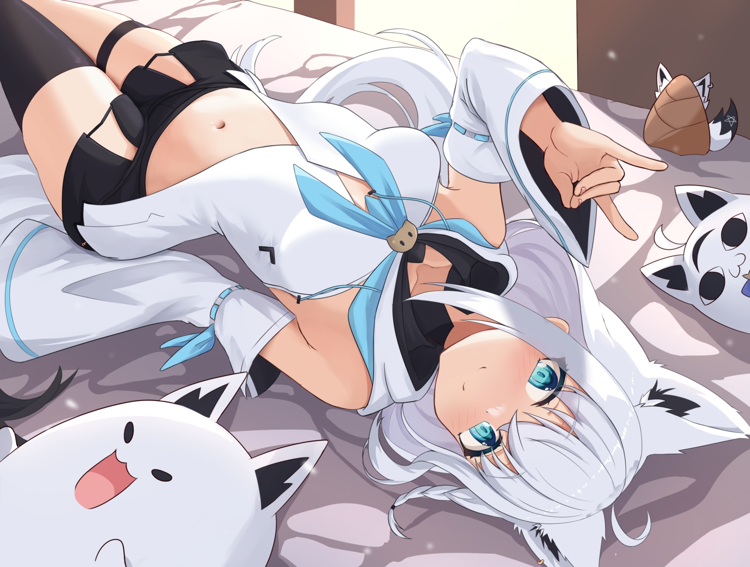 aqua_eyes, blush, garter, gray_hair, hololive, hood, long_hair, navel