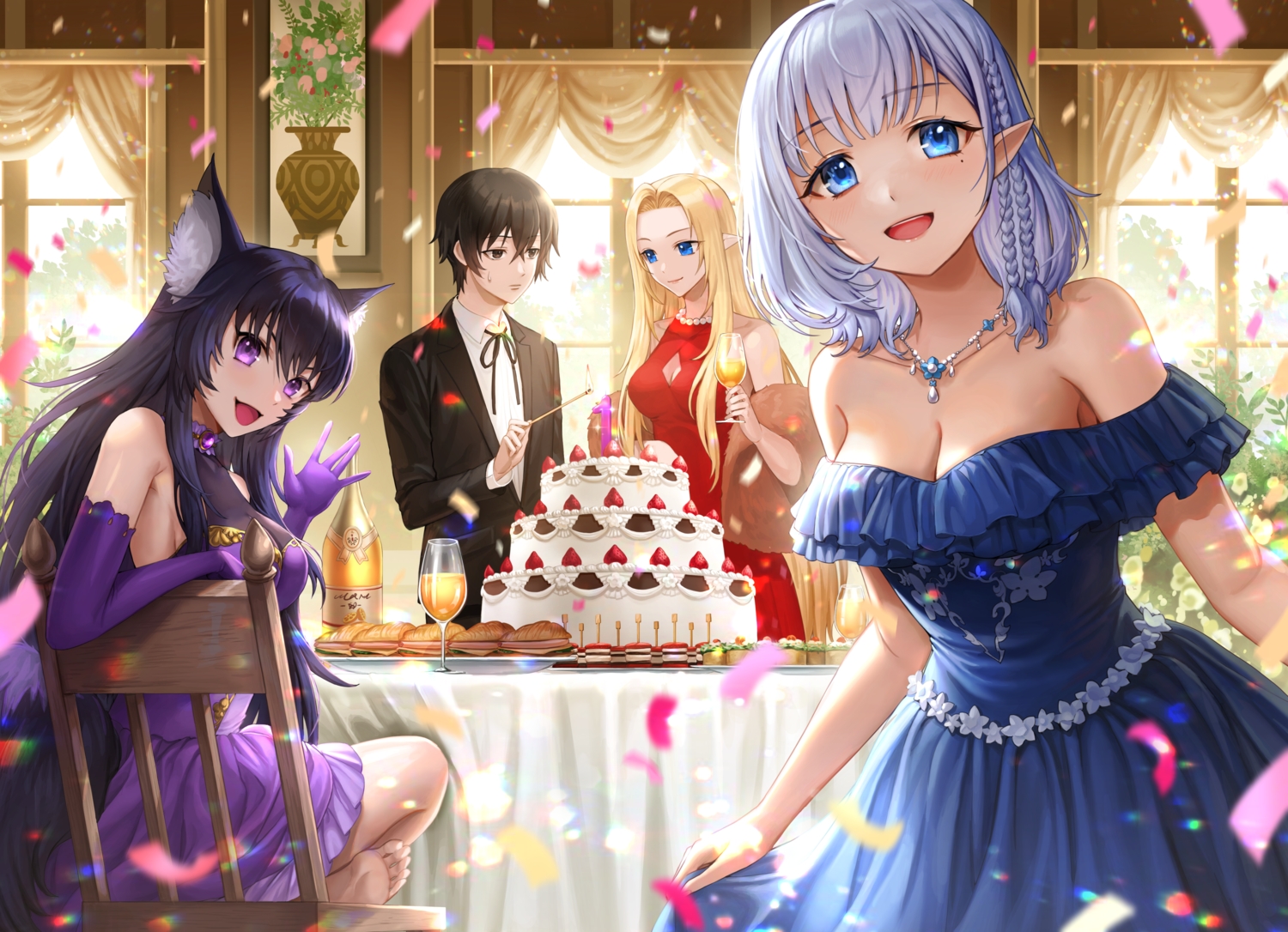 alpha_(kage_no_jitsuryokusha_ni_naritakute!), animal_ears, barefoot, beta_(kage_no_jitsuryokusha_ni_naritakute!), black_hair, blonde_hair, blue_eyes, blush