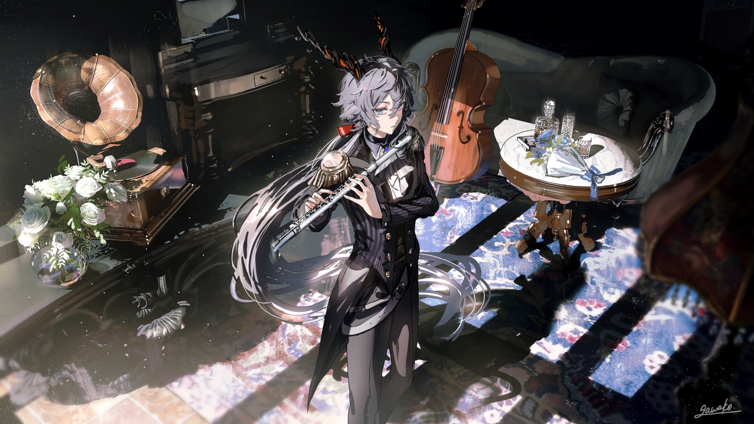 3d, all_male, arknights, book, bow, couch, drink, ebenholz_(arknights), flowers, flute, gawako, gray_hair, horns, instrument, long_hair, male, purple_eyes, signed, suit