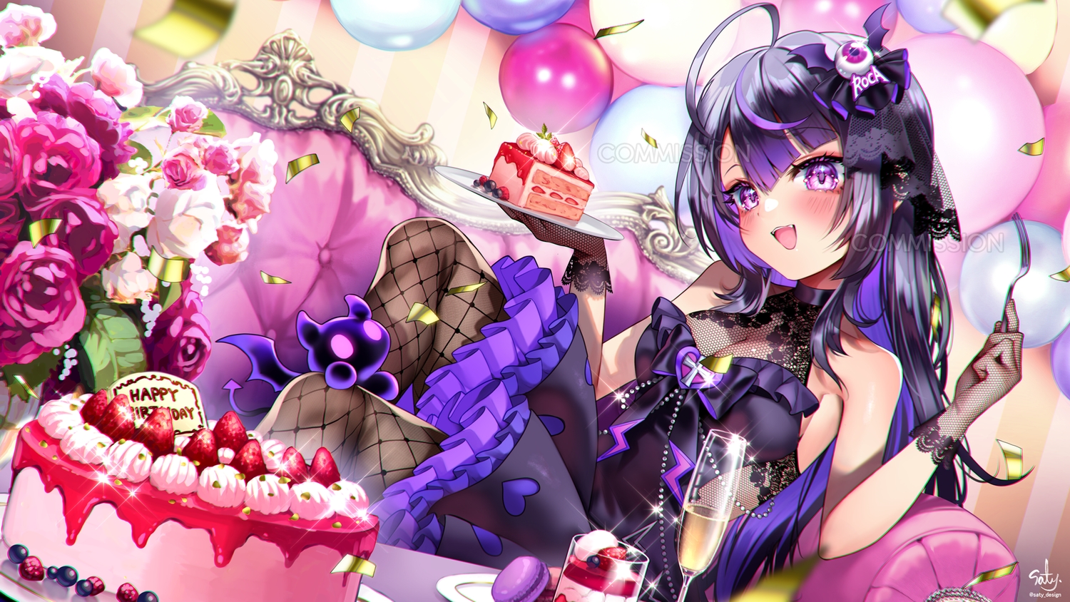 black_hair, blush, breasts, cake, cat_smile, cleavage, couch, demon