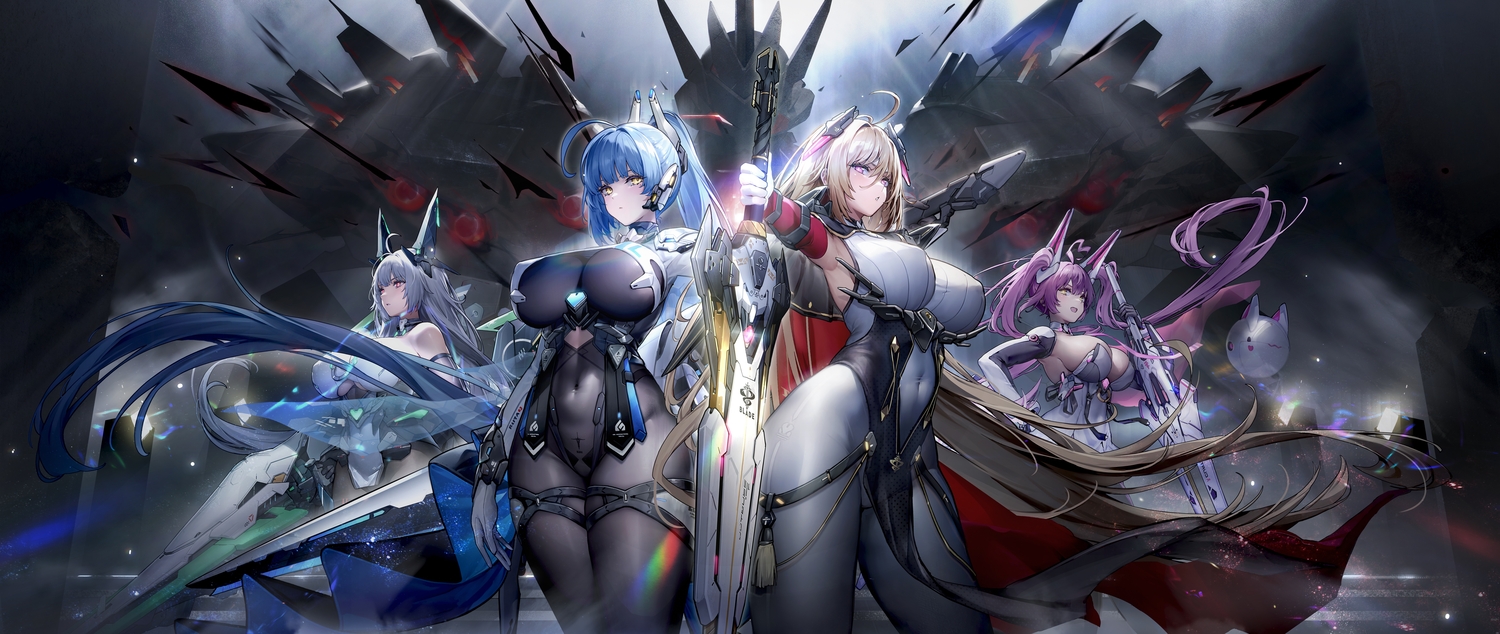 blonde_hair, blue_hair, bodysuit, breasts, cleavage, curtana_(daiblos_core), daiblos_core, dress