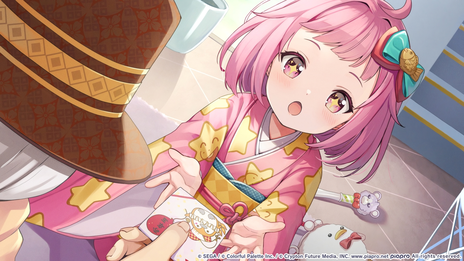 blush, bow, japanese_clothes, kimono, loli, ootori_emu, paper, pink_eyes