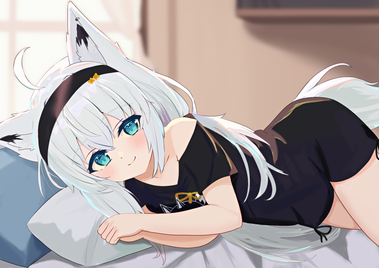 animal_ears, aqua_eyes, bed, blush, foxgirl, headband, hololive, long_hair