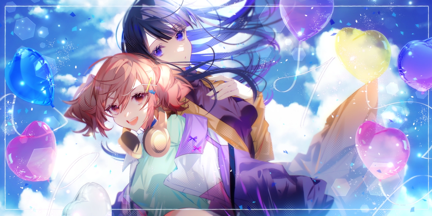 2girls, aliasing, black_hair, blue_eyes, brown_hair, choker, clouds, headphones